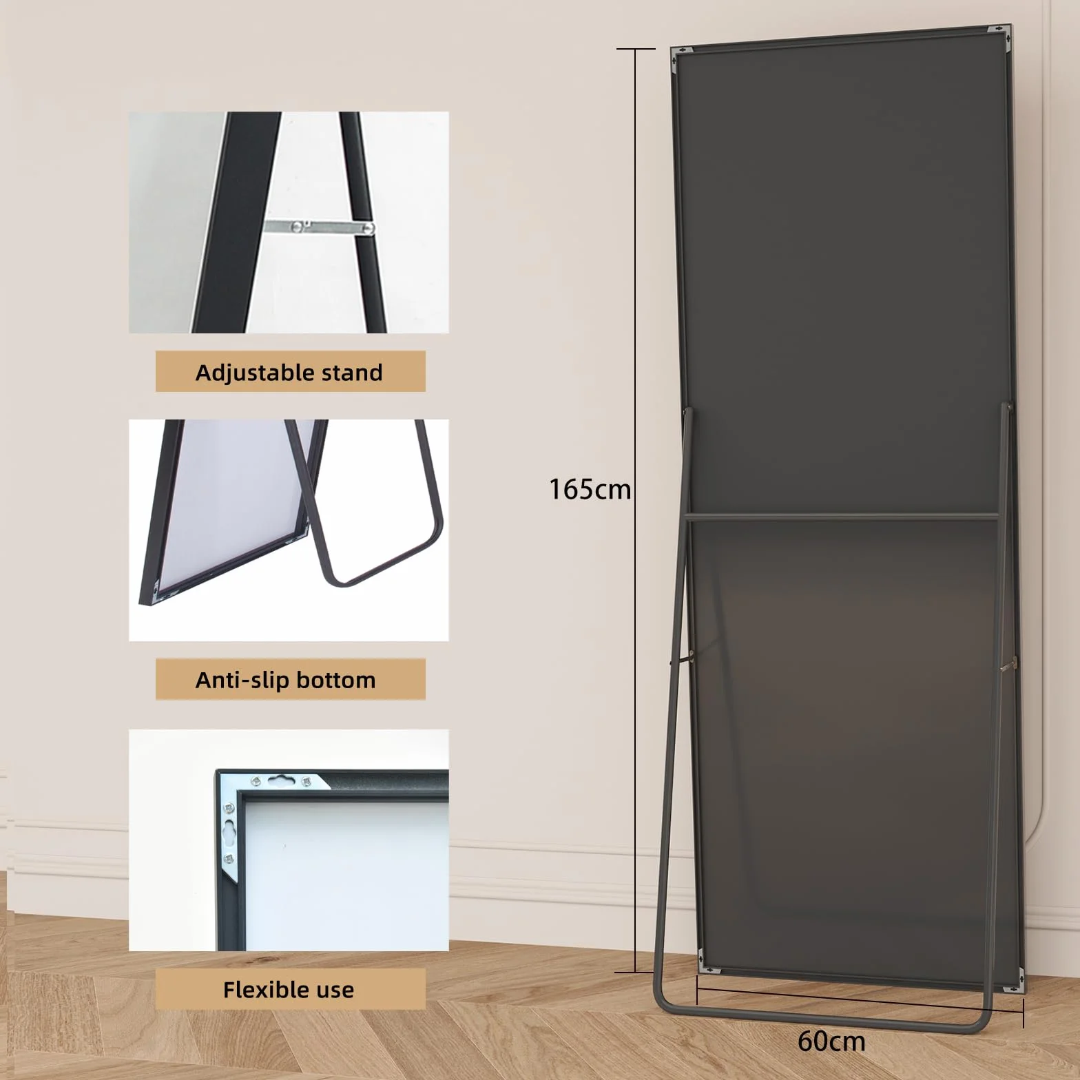 PerGar Grand Miroir Mural Moderne sur Pied, à Poser ou à Suspendre, avec Cadre en Aluminium, pour Salon et Chambre à Coucher, Noir, 165 x 60 cm
