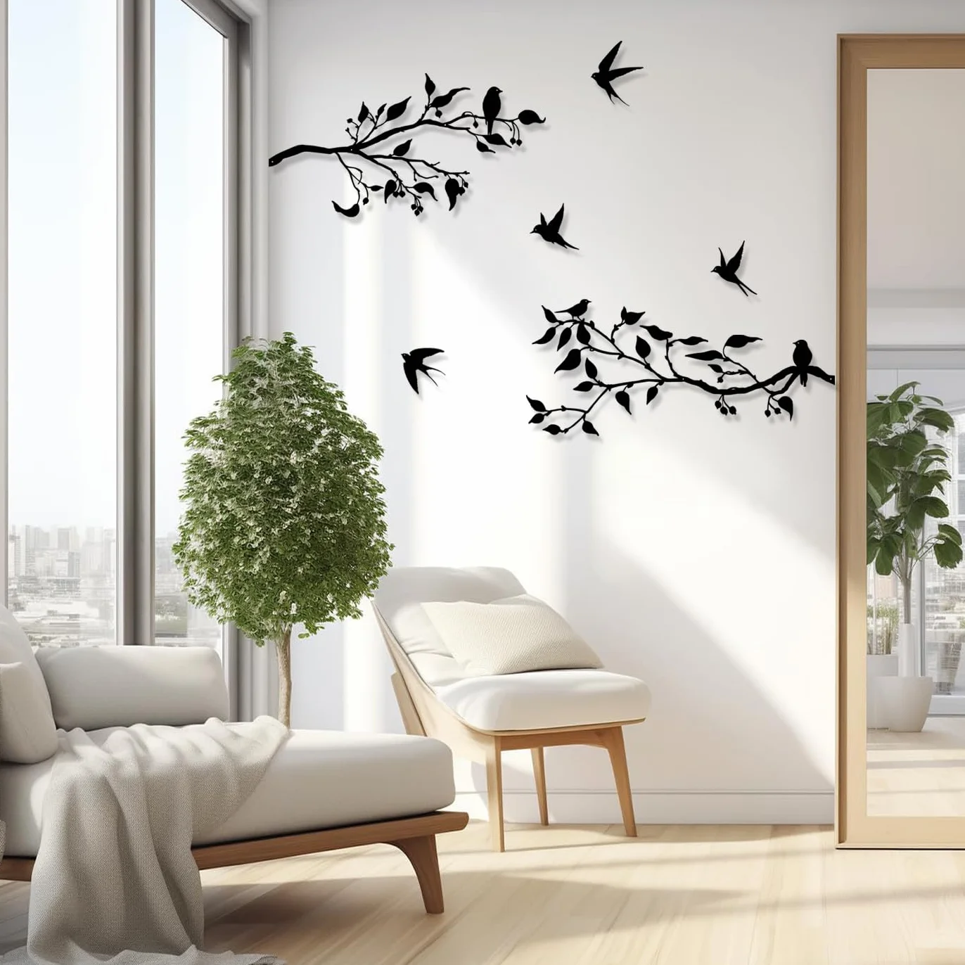 Métal Art Décoration Murale, Silhouette d'oiseaux sur branche, Sculpture murale d'extérieur en métal