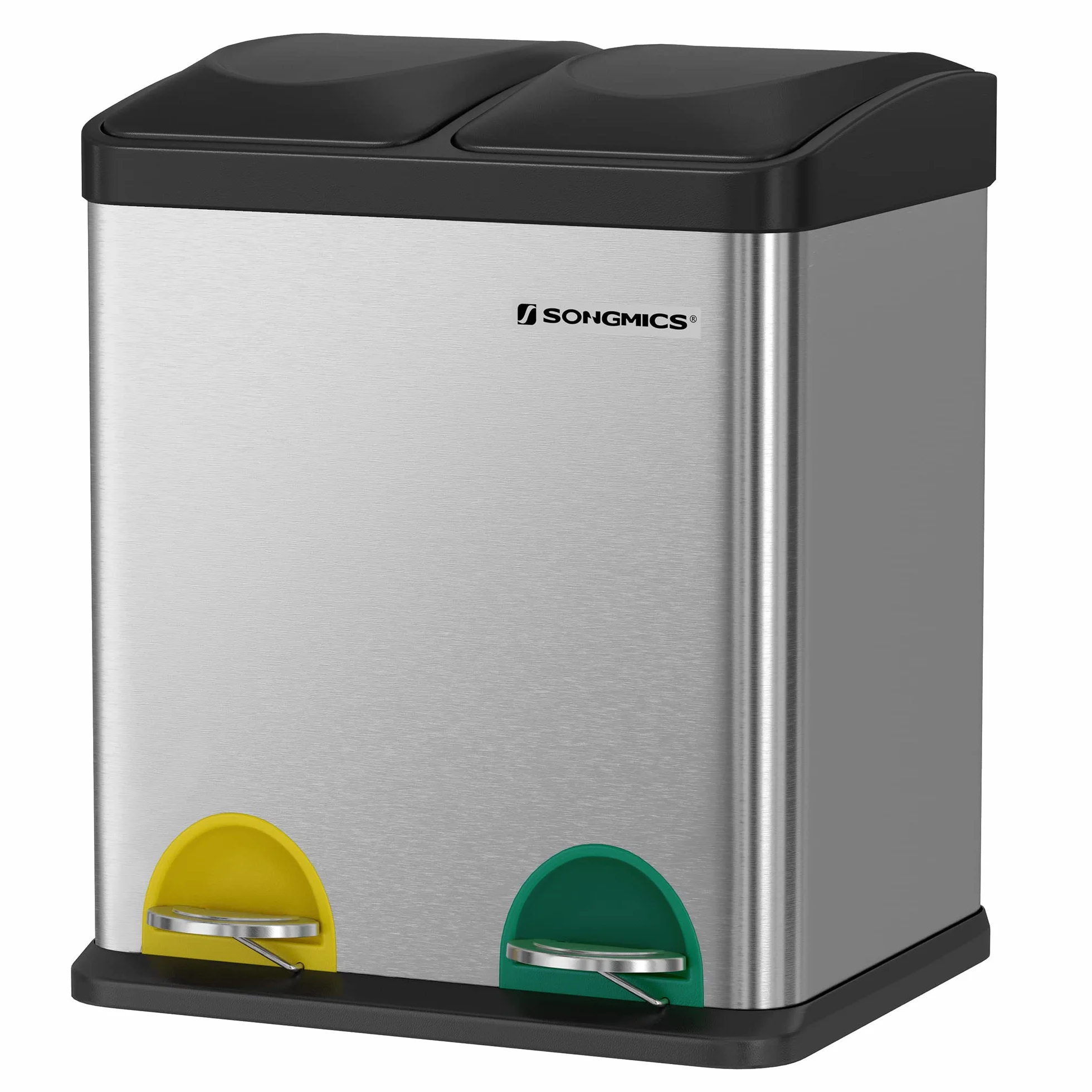 SONGMICS Poubelle de recyclage 30 L, seau de tri avec pétales, acier, 2 x 15 L, seau intérieur amovible, argent et noir LTB30L