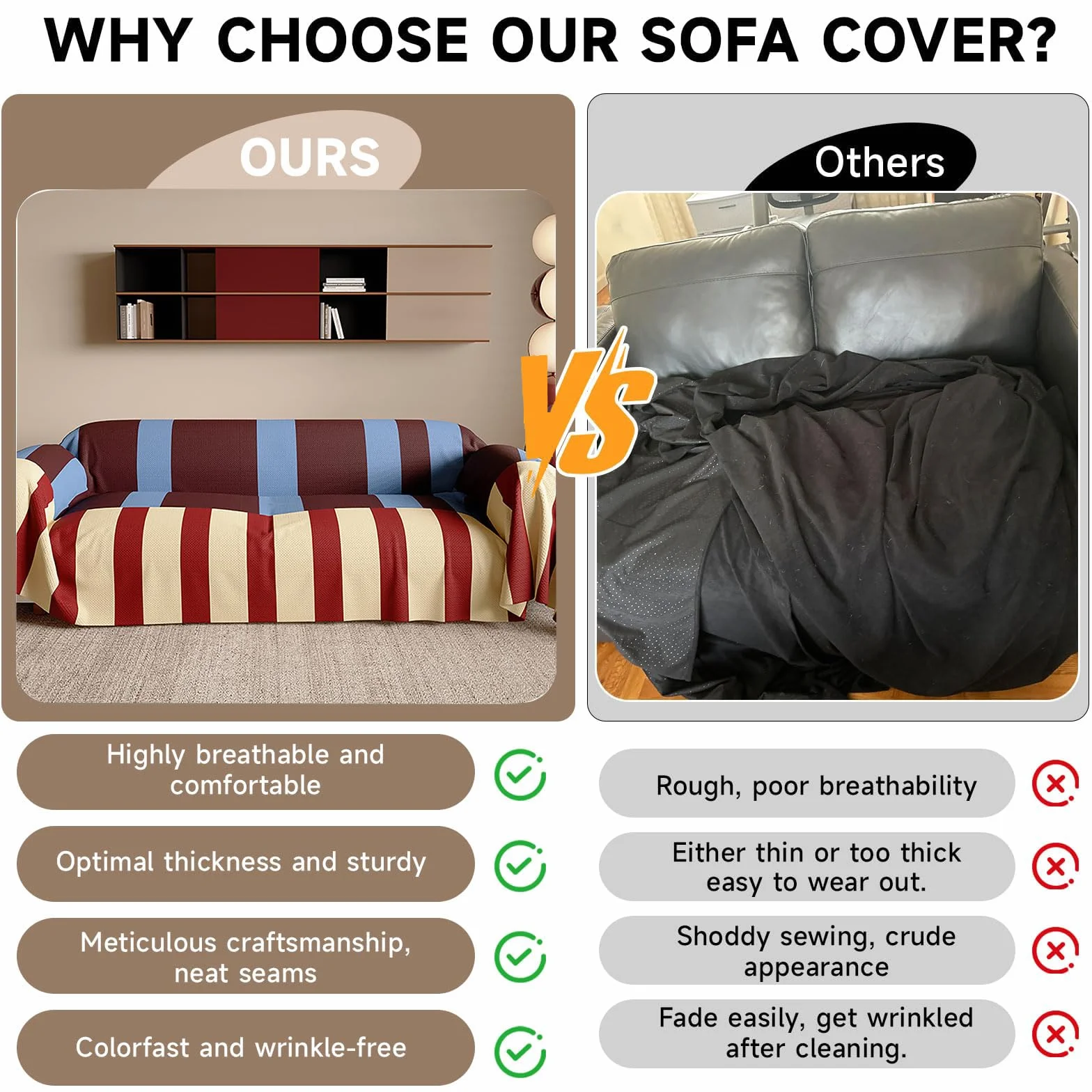 Housse de canapé à rayures rétro en faux lin lavable 180x260cm pour sectionnelle causeuse bleu et rouge