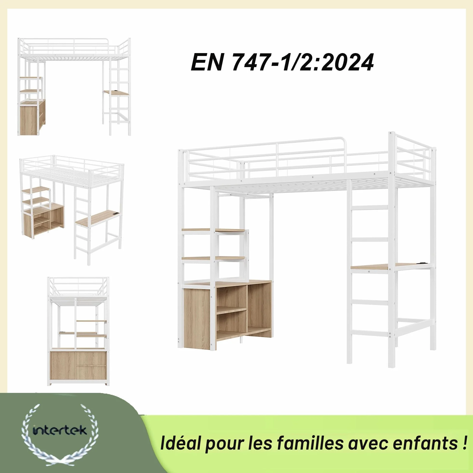 Lit Mezzanine 1 Place 90x200 cm avec USB, Lit Enfant en Métal avec Armoire de Rangement Ouverte, Lit Mezzanine Enfant avec Bureau et Plusieurs étagères, Lit en Hauteur avec échelle et Balustrade