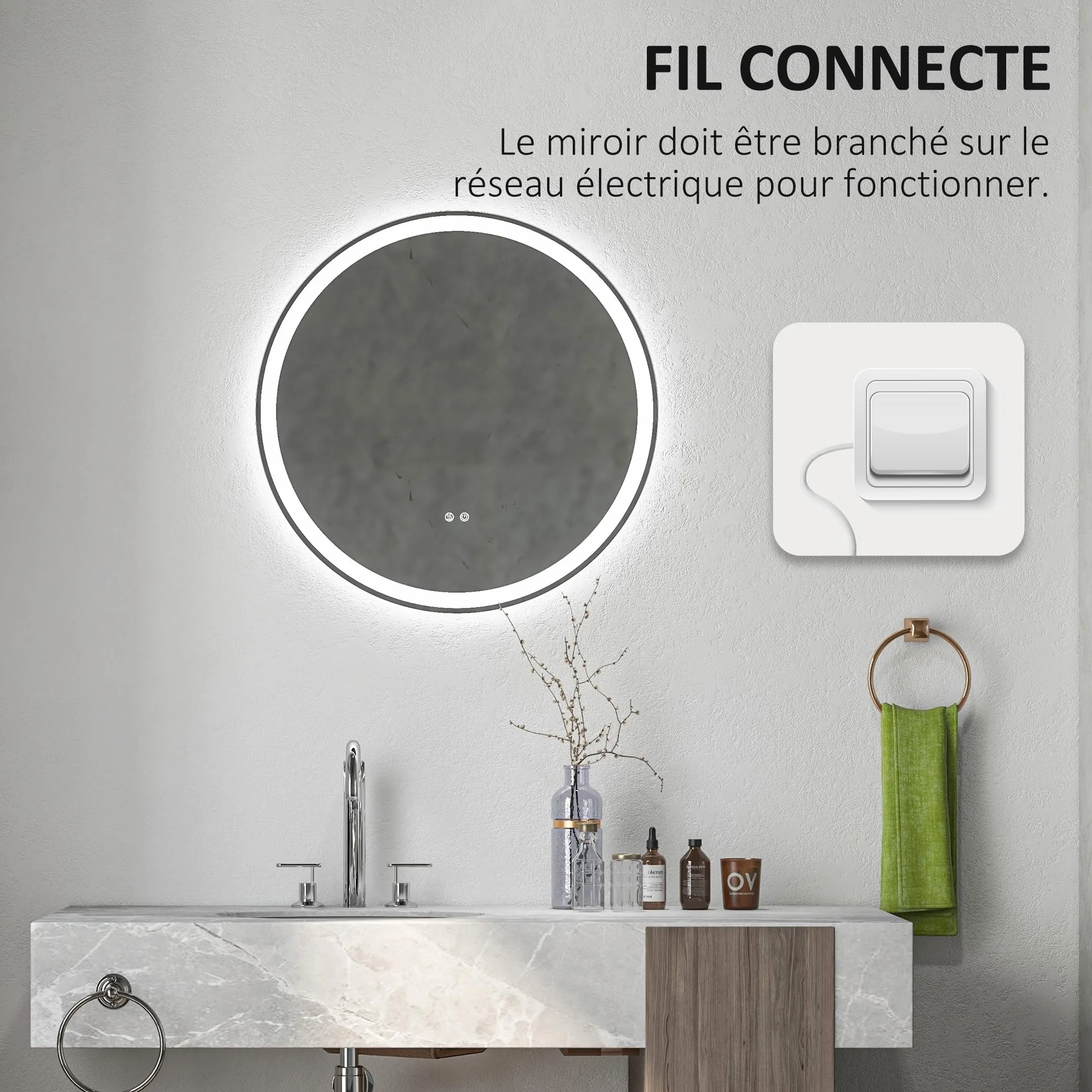 kleankin Miroir Salle de Bain avec éclairage Ø 70 cm Miroir Rond Lumineux 3 Couleurs Interrupteur Tactile système antibuée 23W Blanc Argent
