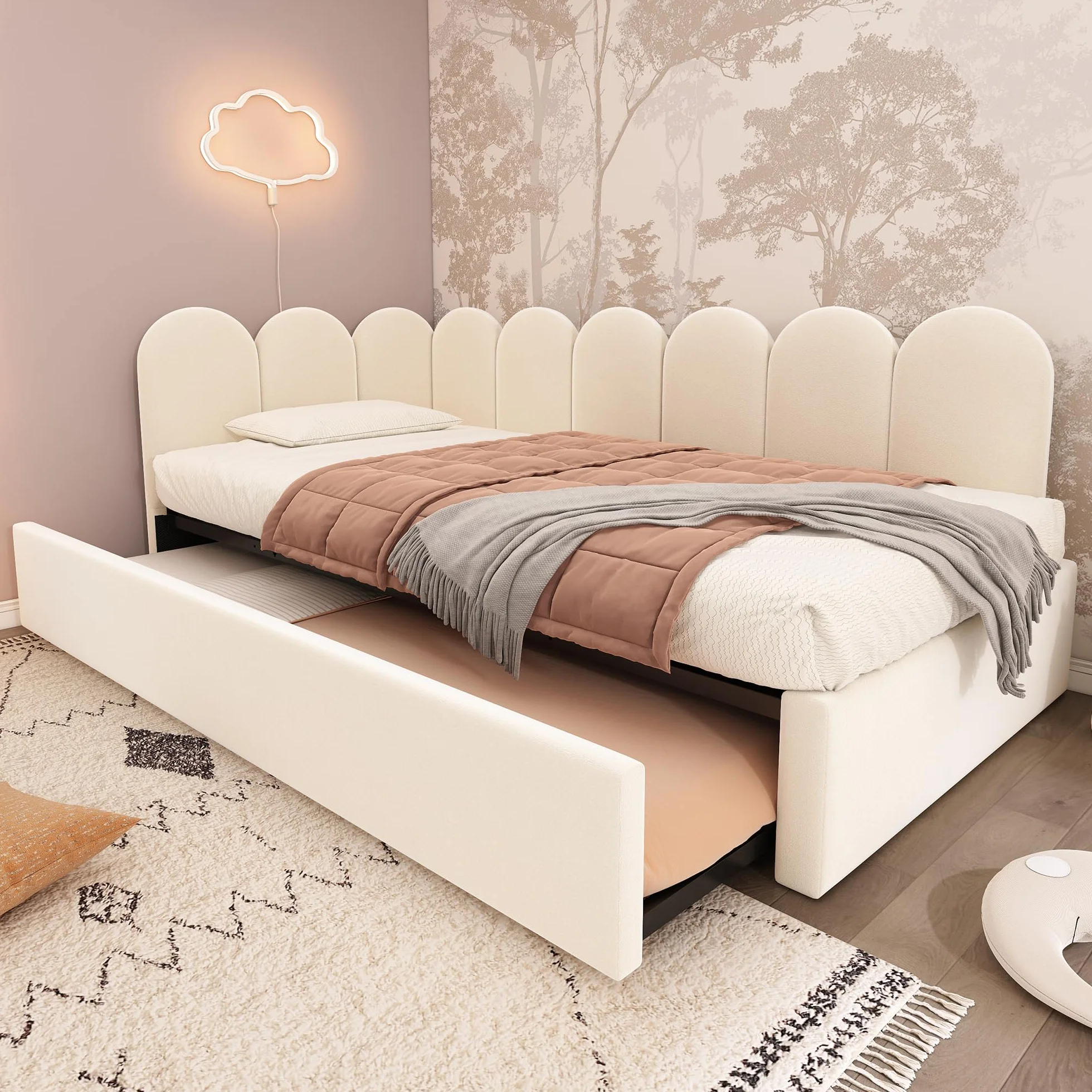 Zepneiy Lit 90x200 avec lit gigogne 90x190, Canapé lit avec parois latérales interchangeables, avec sommier à Lattes,Velours Beige (sans Matelas)