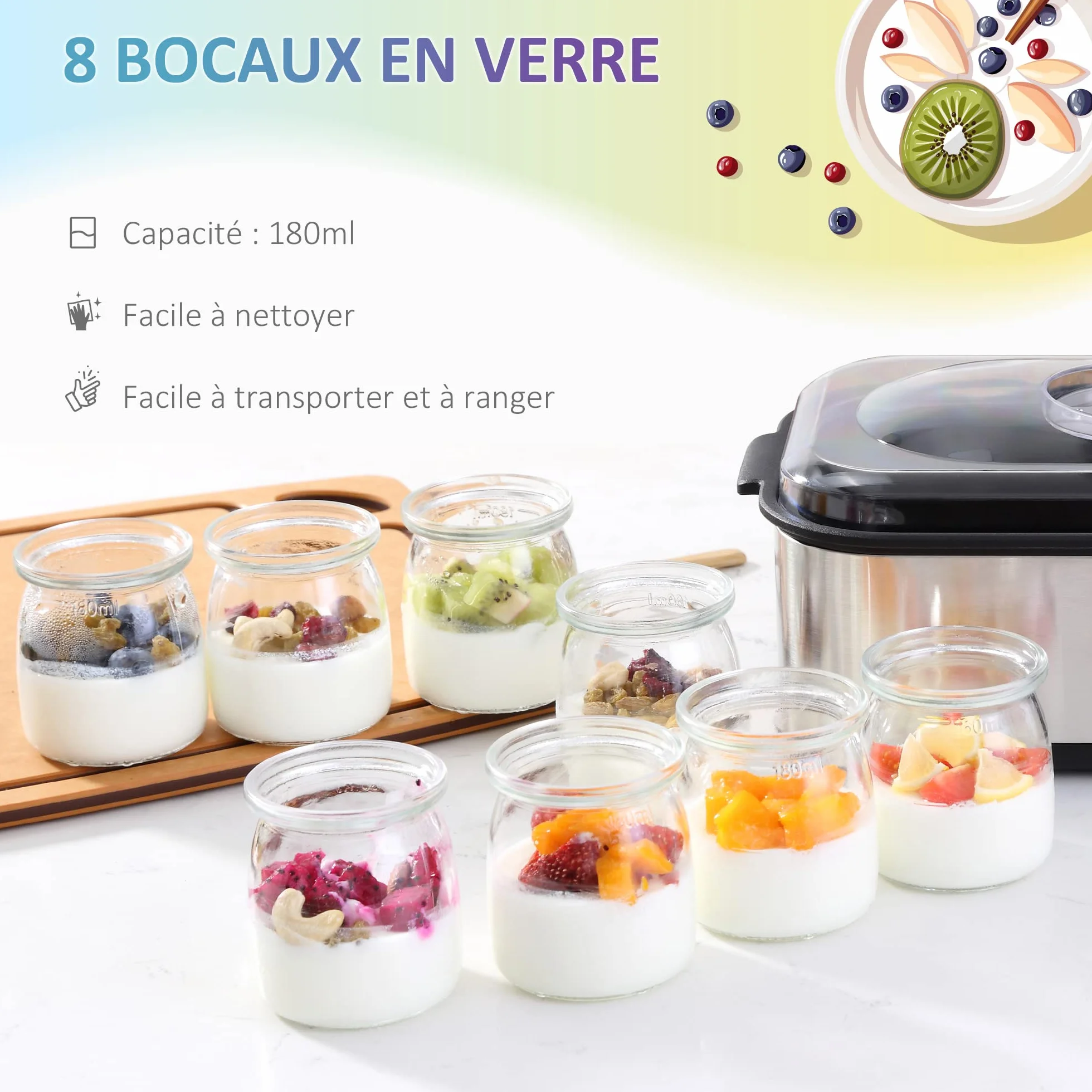 HOMCOM Yaourtière avec 8 Pots en Verre de 180ml, Machine à Yaourt Électrique en Acier Inoxydable avec Minuterie, Thermostat Réglable et Affichage Numérique pour des Desserts Maison Sains