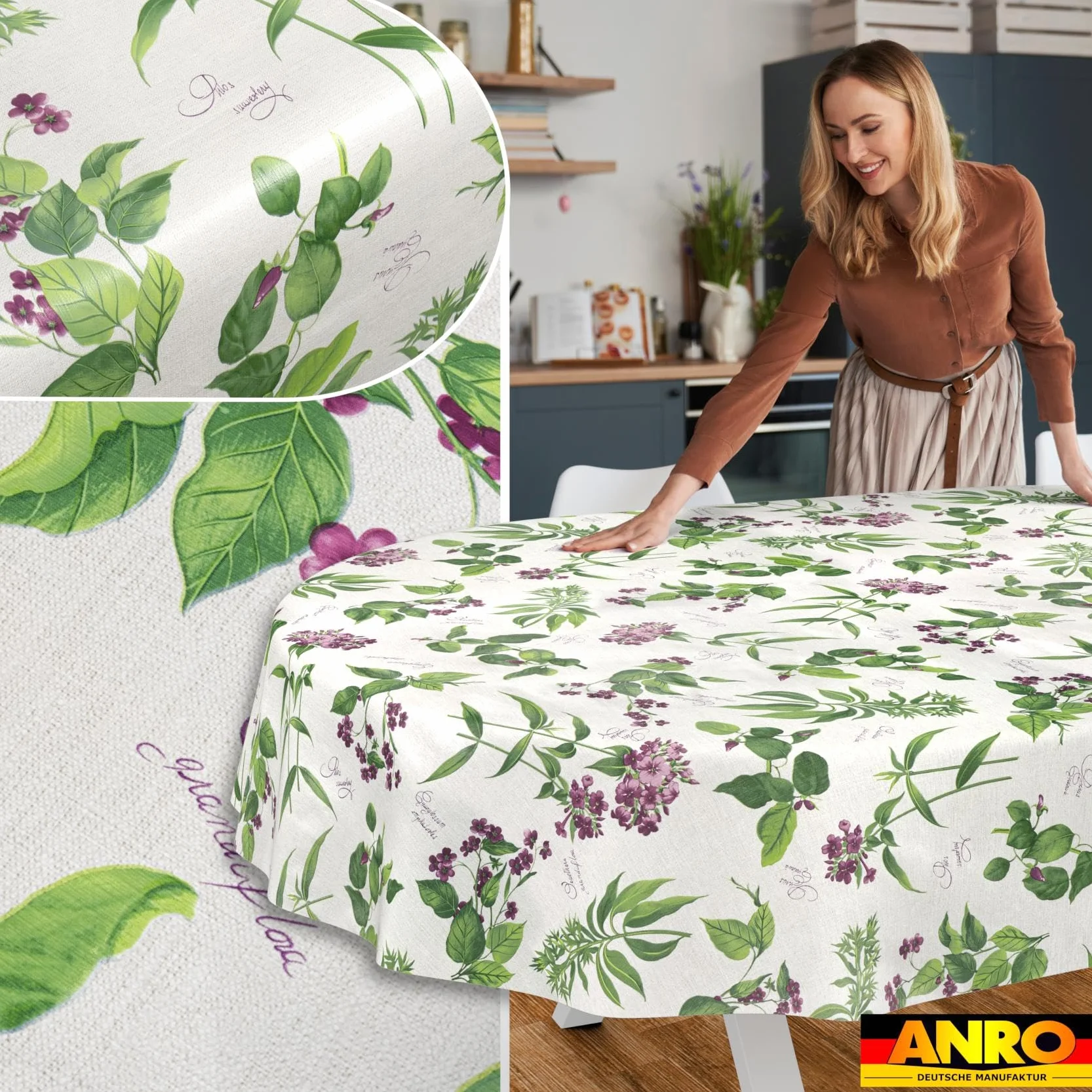 Nappe en Toile cirée Lavable Imperméable Effet Lotus Ovale 180 x 140 cm pour Table de Jardin