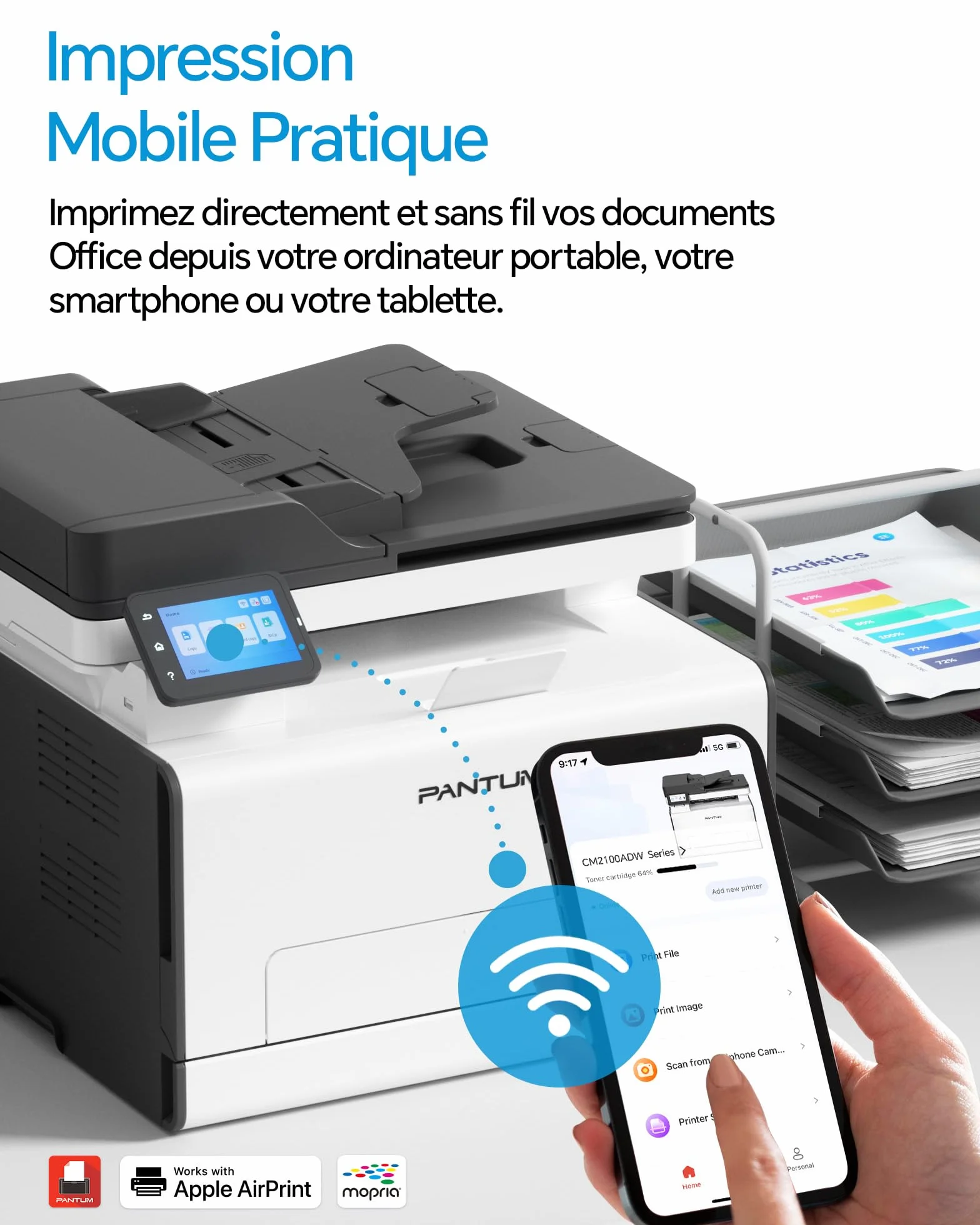 PANTUM CM2100ADW Imprimante Laser Couleur Multifonction, Recto-Verso Automatique, ADF, WLAN, USB, 20ppm