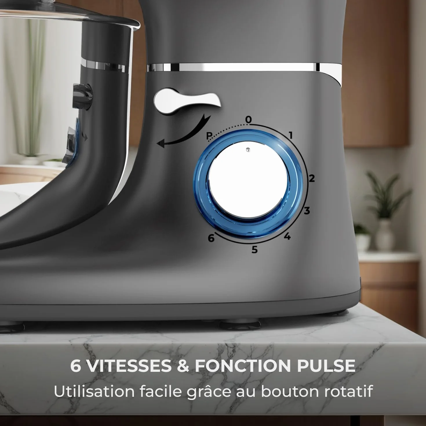 Robot Pâtissier – 2000W – Bol mélangeur en acier inoxydable (6,2L) – Avec fouet, Crochet pétrisseur et Batteur plat – Incl. et accessoires supplémentaires (Anthracite)