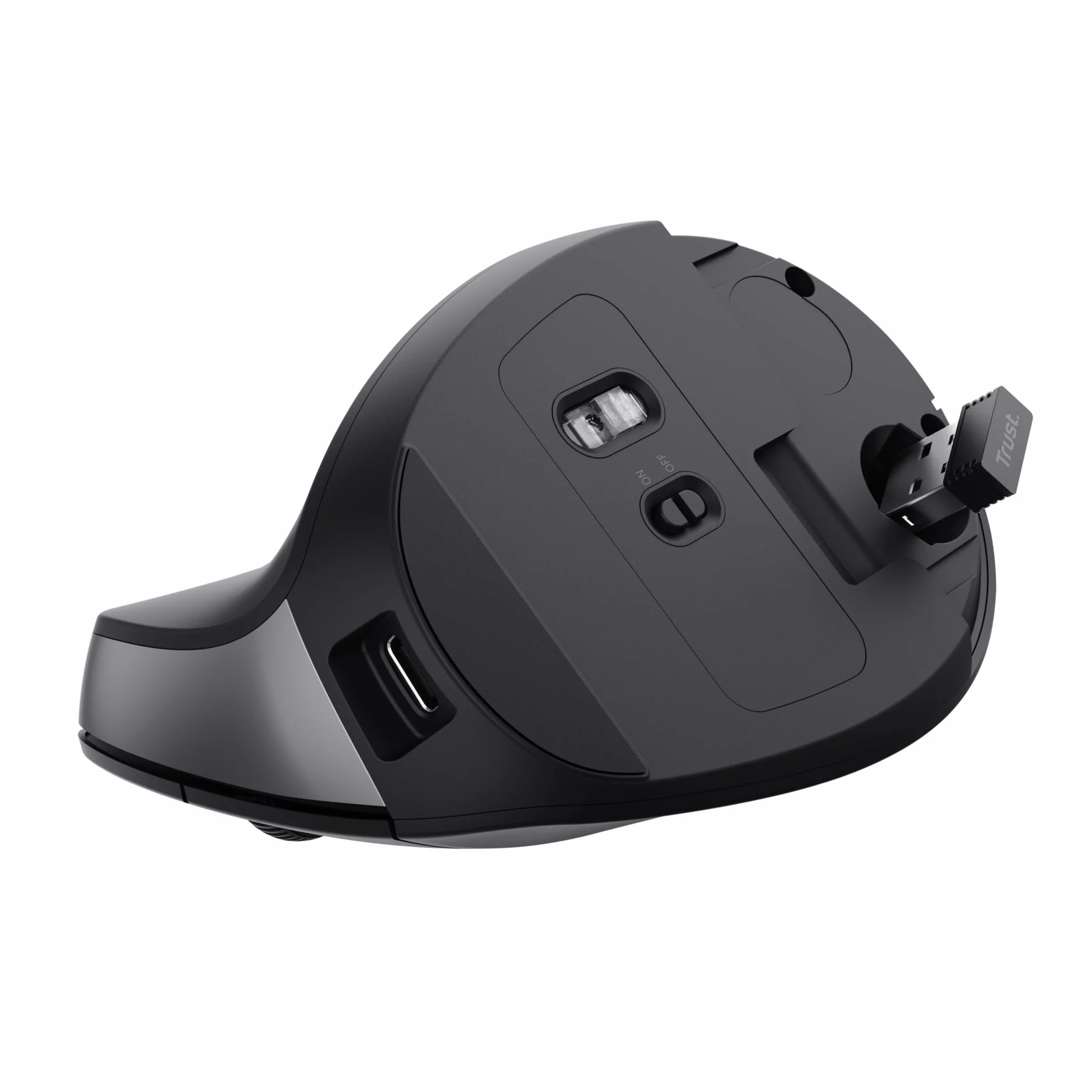 Trust Yuno Ergonomiczna Mysz Bezprzewodowa z Akumulatorem, Myszka Pionowa z Odbiornikiem USB 2.4GHz, Regulowane DPI 800-2400, Sensor Optyczny, 6 Przycisków, 70% Plastiku z Recyklingu - Czarny