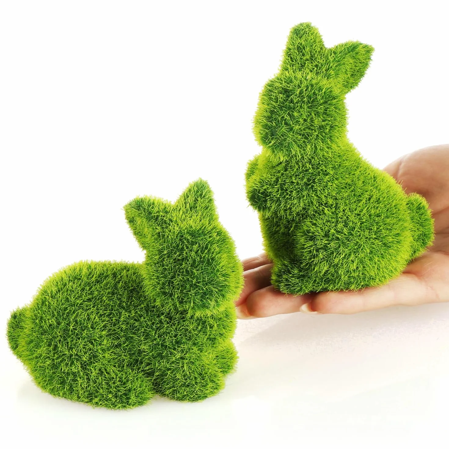 Figurine décorative Lapin de Pâques en céramique Verte 11 cm com-four® Paire de 2 Lapins Gazon Artificiel