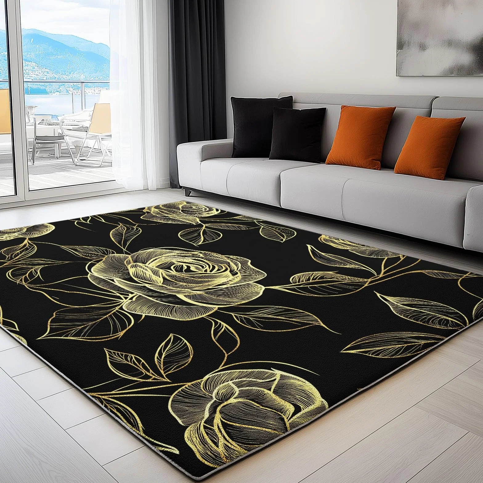 Tapis à Poils Ras, Conception de Lignes De Rêve De Roses Motif, Tapis Rectangulaire, Tapis Salon-Salle à Manger ou Adulte Chambre 140 x 200 cm Poil Court Léger Résistant Fin Doux, Noir Or