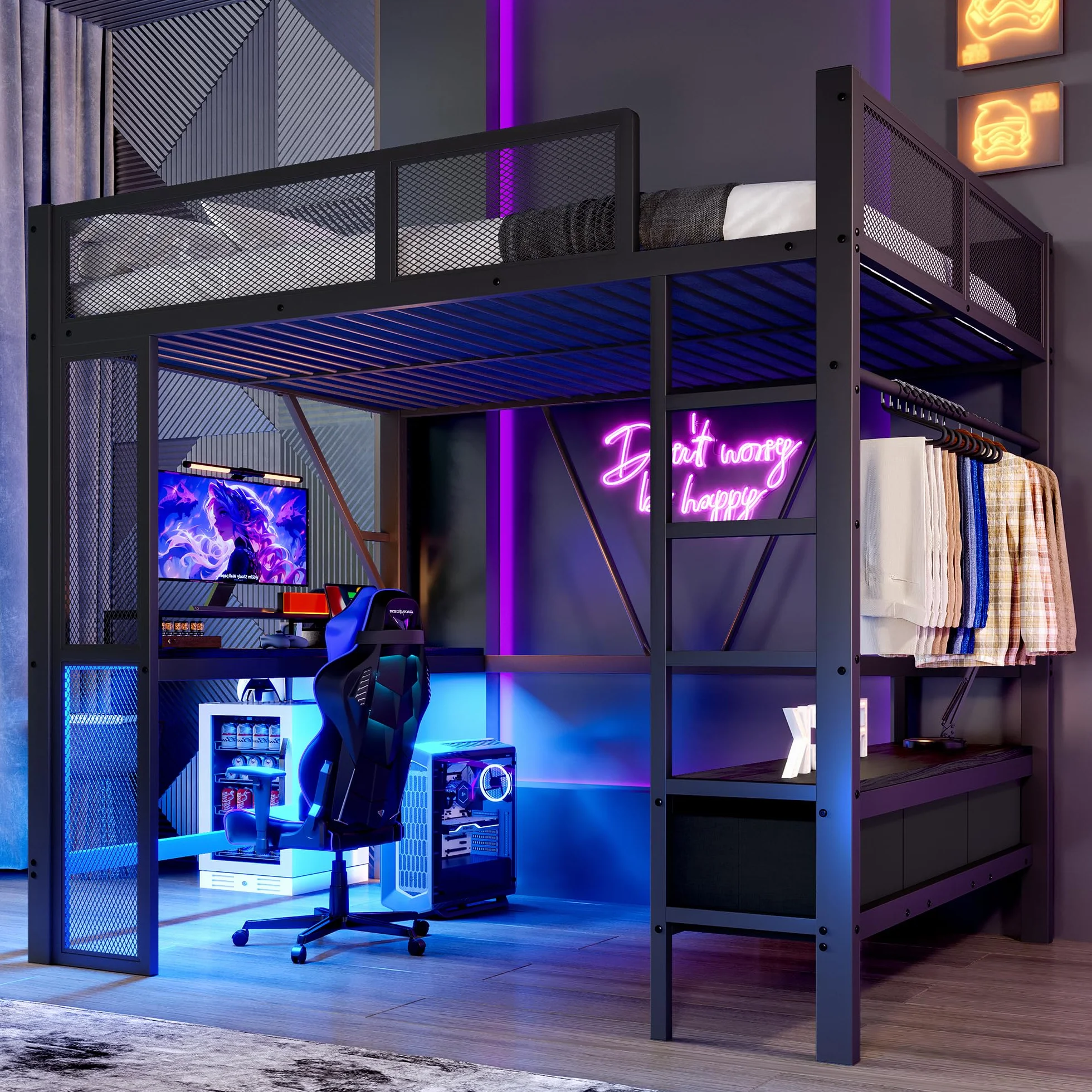 Sapgaks Lit Mezzanine 2 Places 140x200 avec LED et USB, Lit Enfant en Métal avec Bureau et Armoire Ouverte, Lit Mezzanine Enfant avec 3 Tiroirs à Linge, Lit 140x200 avec Rambarde, Noir