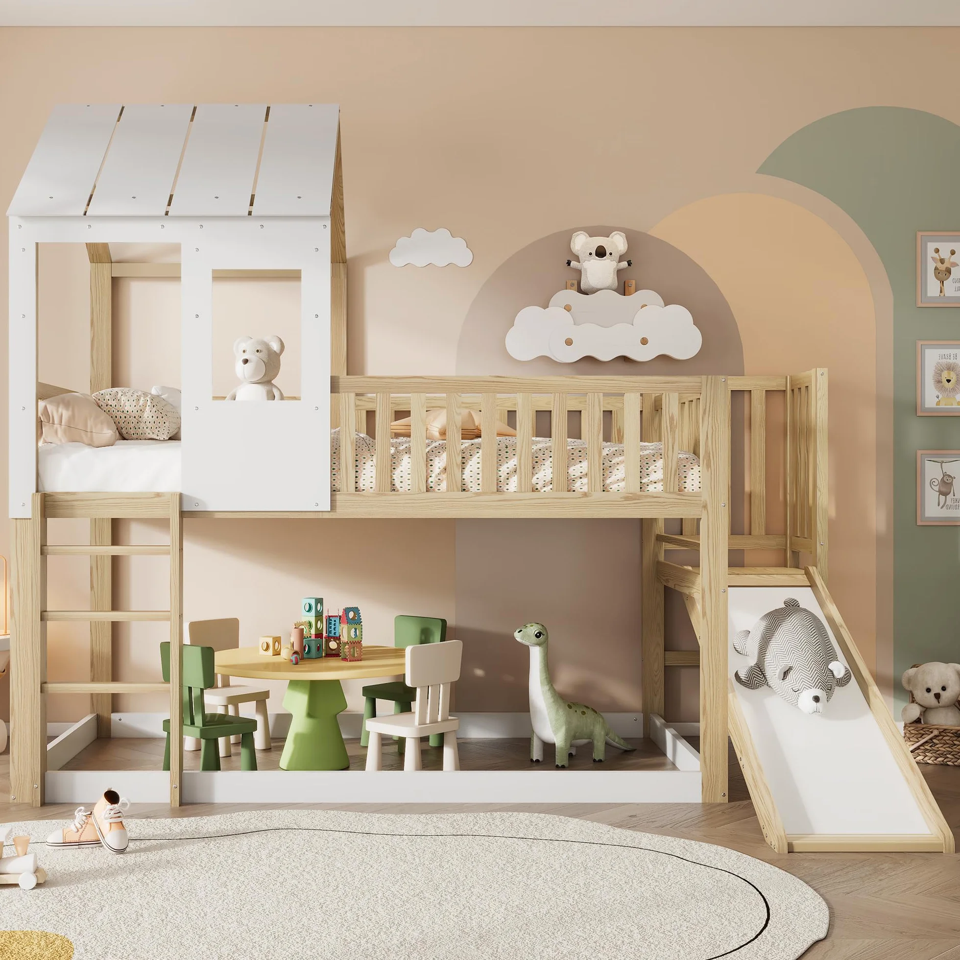 Sapgaks Lit cabane Enfants 90 x 200,lit superposé Enfant antichute,lit Mezzanine 2 Places,avec échelle à Angle Droit et Toboggan, avec Toit et fenêtre,et Grille,Structure en pin,Naturel Blanc