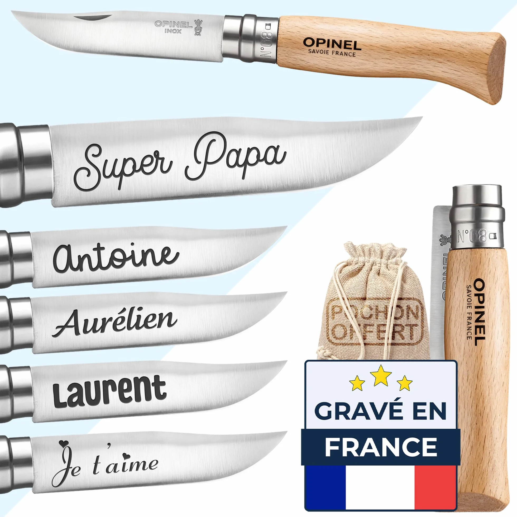 Opinel n°8 Couteau pliant personnalisé homme lame acier inoxydable gravé prénom date