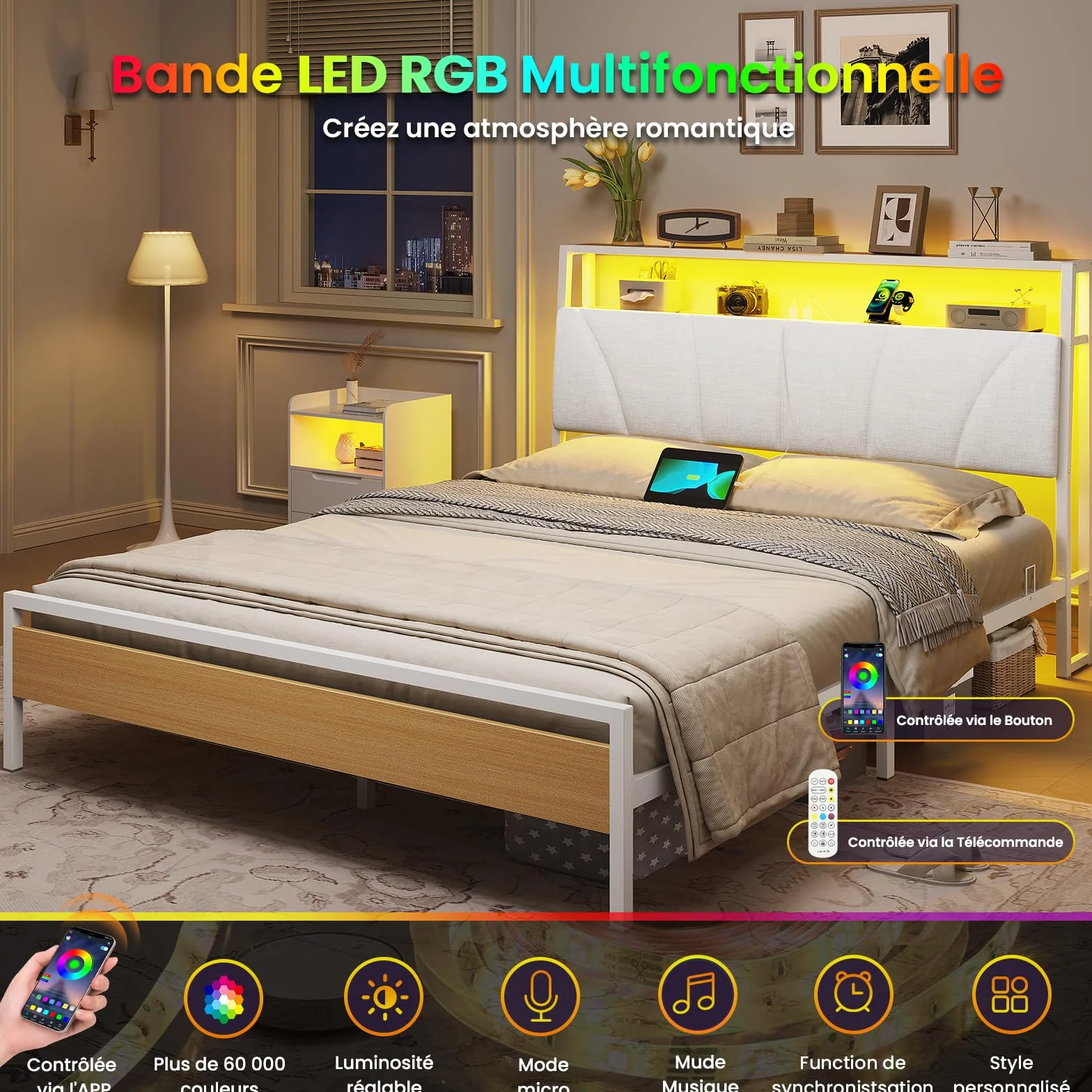 Brinlawb Cadre de Lit 140 x 190 avec Sommier en Métal, Lit 2 Personnes avec Lumières LED et Multiprise (2 Prises AC,2 Ports USB) lit Double 140x190cm avec Rangement, Facile à Assembler, Moderne, Blanc