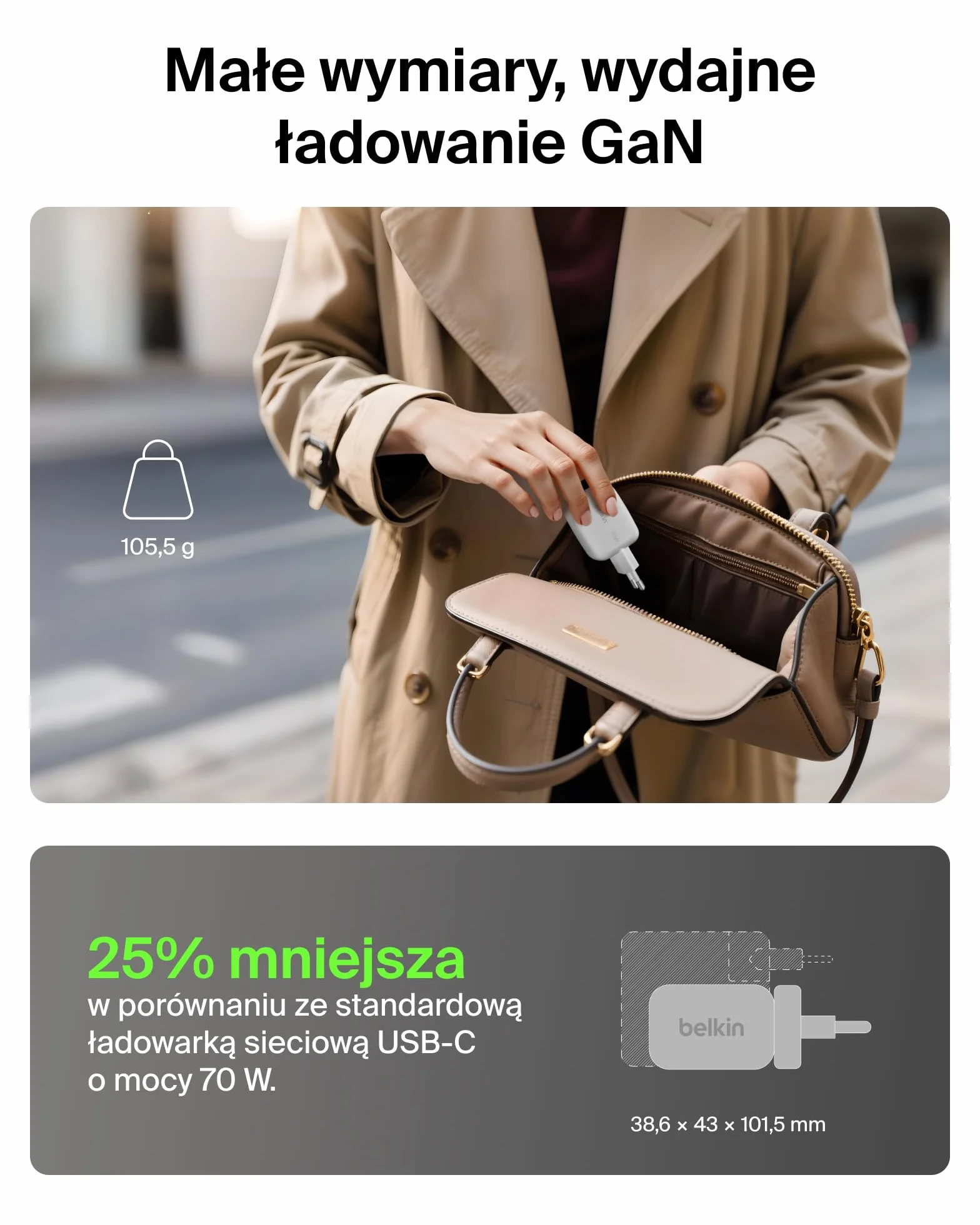 Belkin 3-portowa ładowarka USB-C GaN 70 W, 2 porty USB-C i 1 port USBA, końcówki wtyczek US/UK/UE, szybkie ładowanie urządzeń MacBook, iPhone, iPad Pro, Samsung Galaxy, Google Pixel i innych – Biała