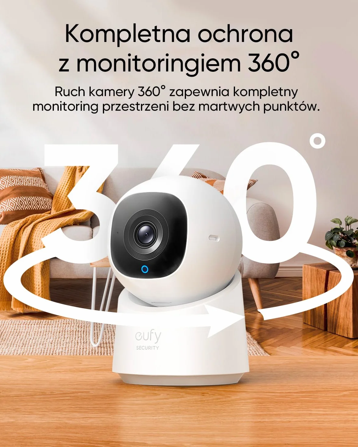 Kamera wewnętrzna eufy Security C220, kamera monitorująca o rozdzielczości 2K, obracana i pochylana o 360°, przewodowa wewnętrzna kamera monitorująca z Wi-Fi, wykrywanie ludzi AI