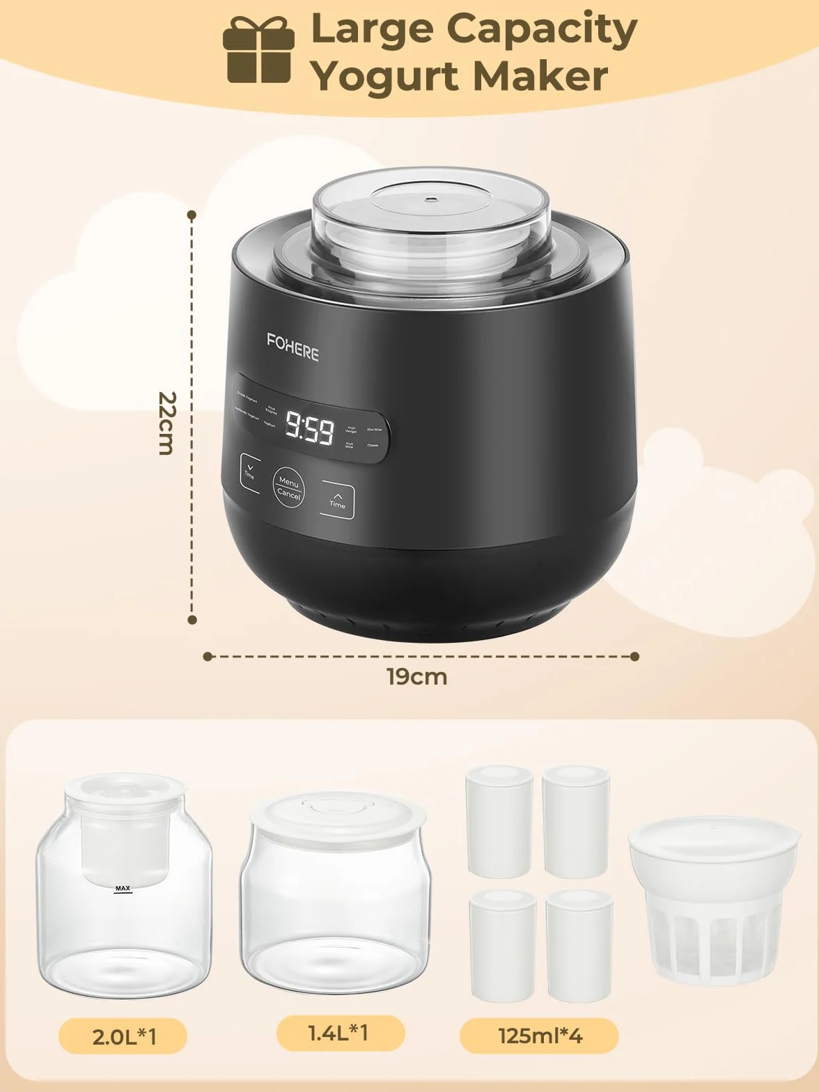 FOHERE Yaourtière 2 XXL pots en Verre 2000 ml et 1400 ml, 4 * 125 ml Tasse en Céramique avec Couvercle, 8 Programmes Automatiques, Ecran LCD, Arrêt Automatique, Sans BPA, 20 Watts