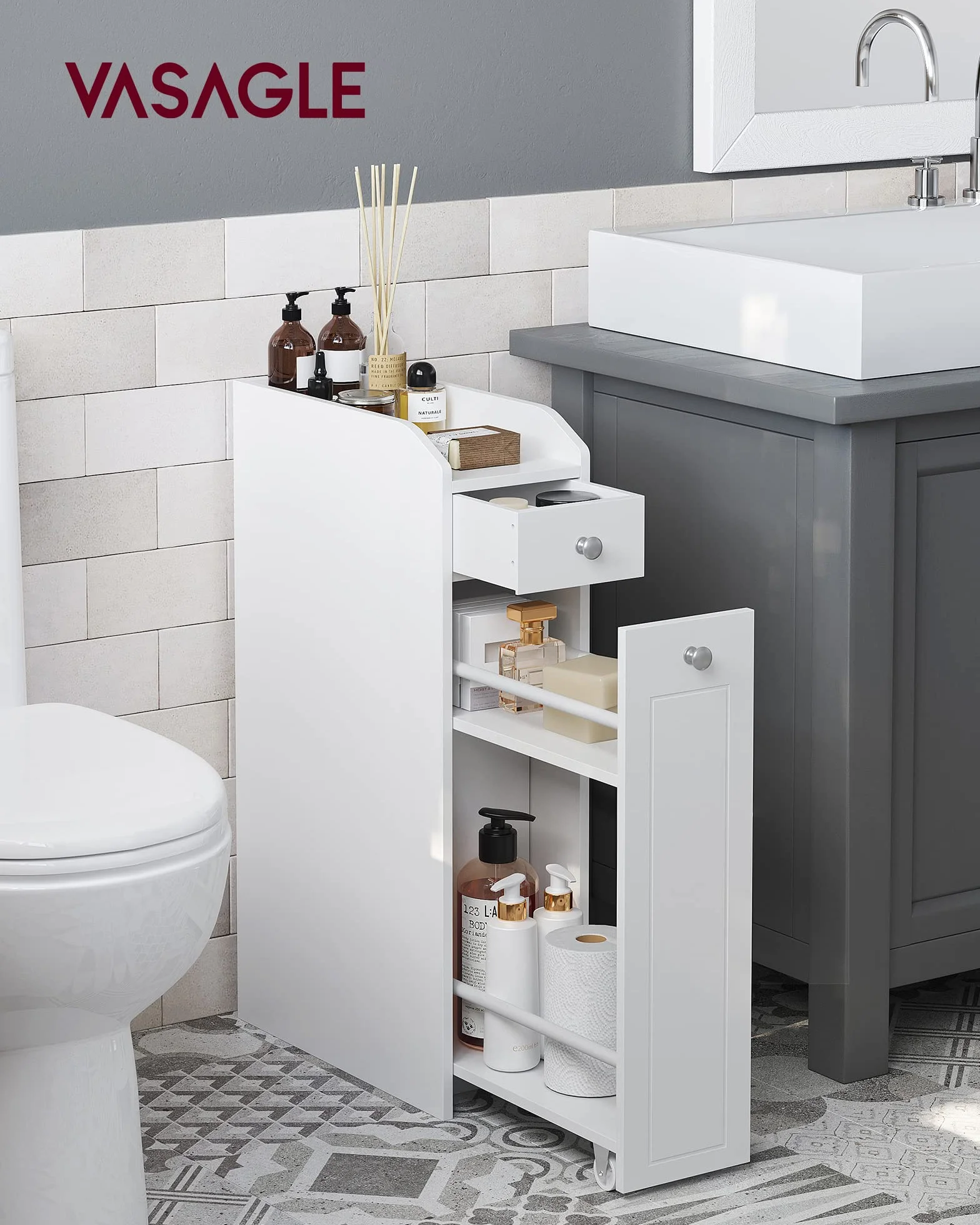 VASAGLE Petit Meuble de Salle de Bains, Placard Étroit, Petit Meuble de Rangement pour Papier Toilette, Armoire de Toilette avec Tiroir, Commode sur Pieds, pour Petits Espaces, Blanc BBC847P31
