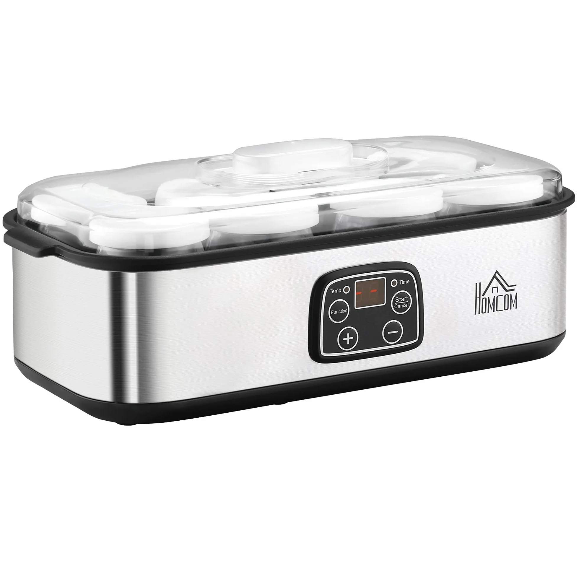 HOMCOM Yaourtière avec 8 Pots en Verre de 180ml, Machine à Yaourt Électrique en Acier Inoxydable avec Minuterie, Thermostat Réglable et Affichage Numérique pour des Desserts Maison Sains