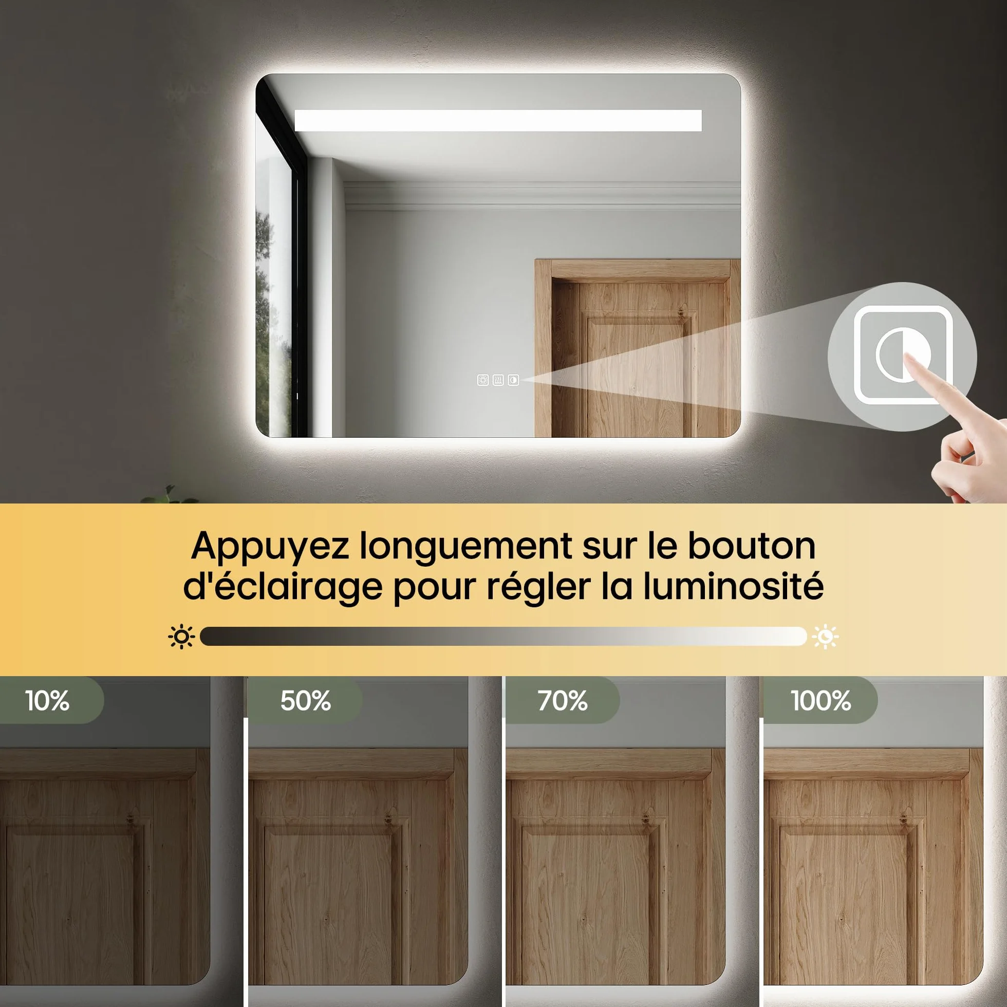 SIRHONA Miroir Salle de Bain avec Eclairage 80x60cm, Anti-buée, 3 Couleurs, Dimmable, Mémoire, Miroir Lumineux Salle de Bain, Douille, Étanche Ip44, Rétroéclairage