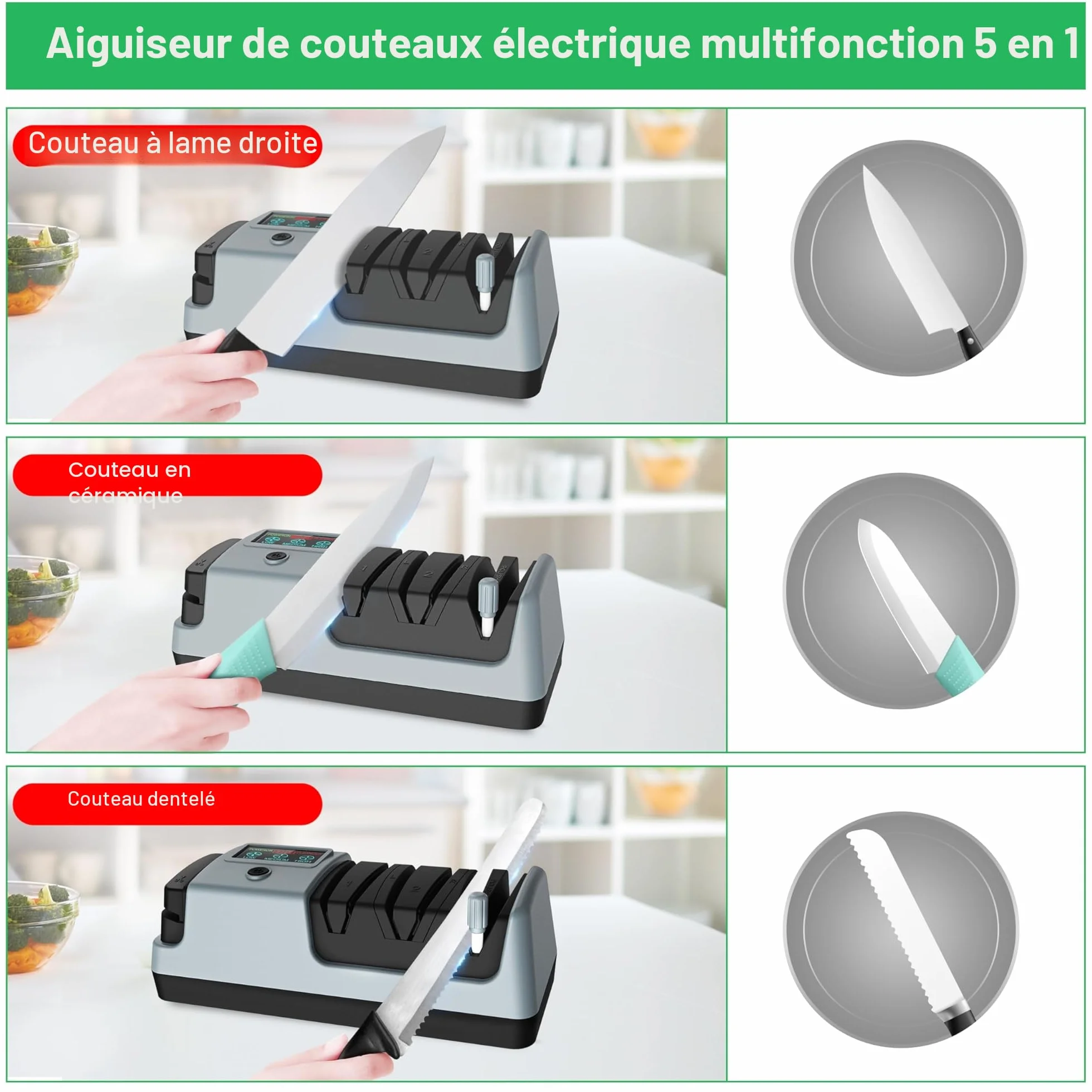 Aiguiseur de couteaux électrique 5 en 1, 3 vitesses de rotation pour lames droites, dentelées, hachoir et ciseaux
