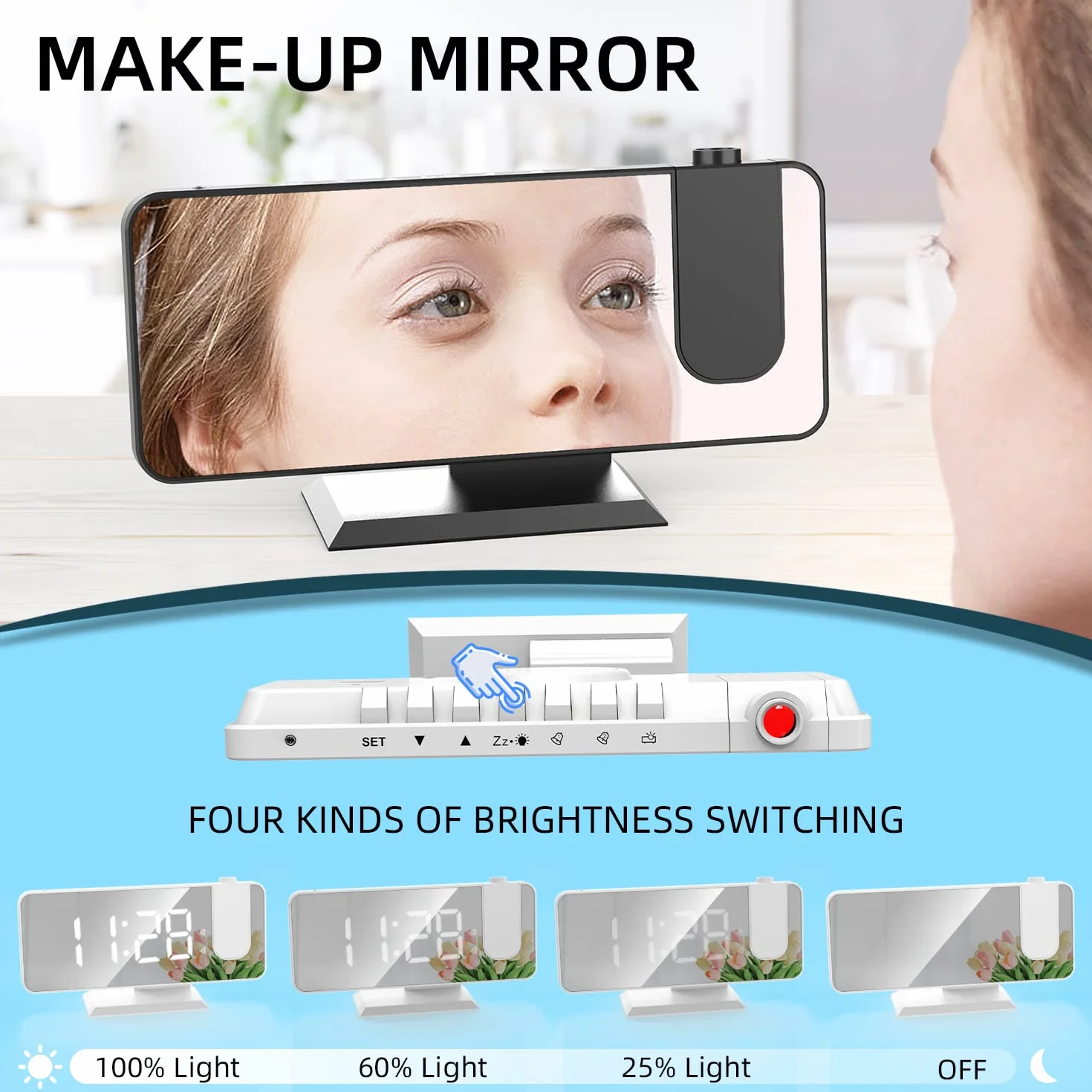 Réveil Projection Plafond Mur Alarme Double Snooze 12/24 H Charge USB Affichage LED Miroir 4 Niveaux Lumière Intensité Variable Blanc