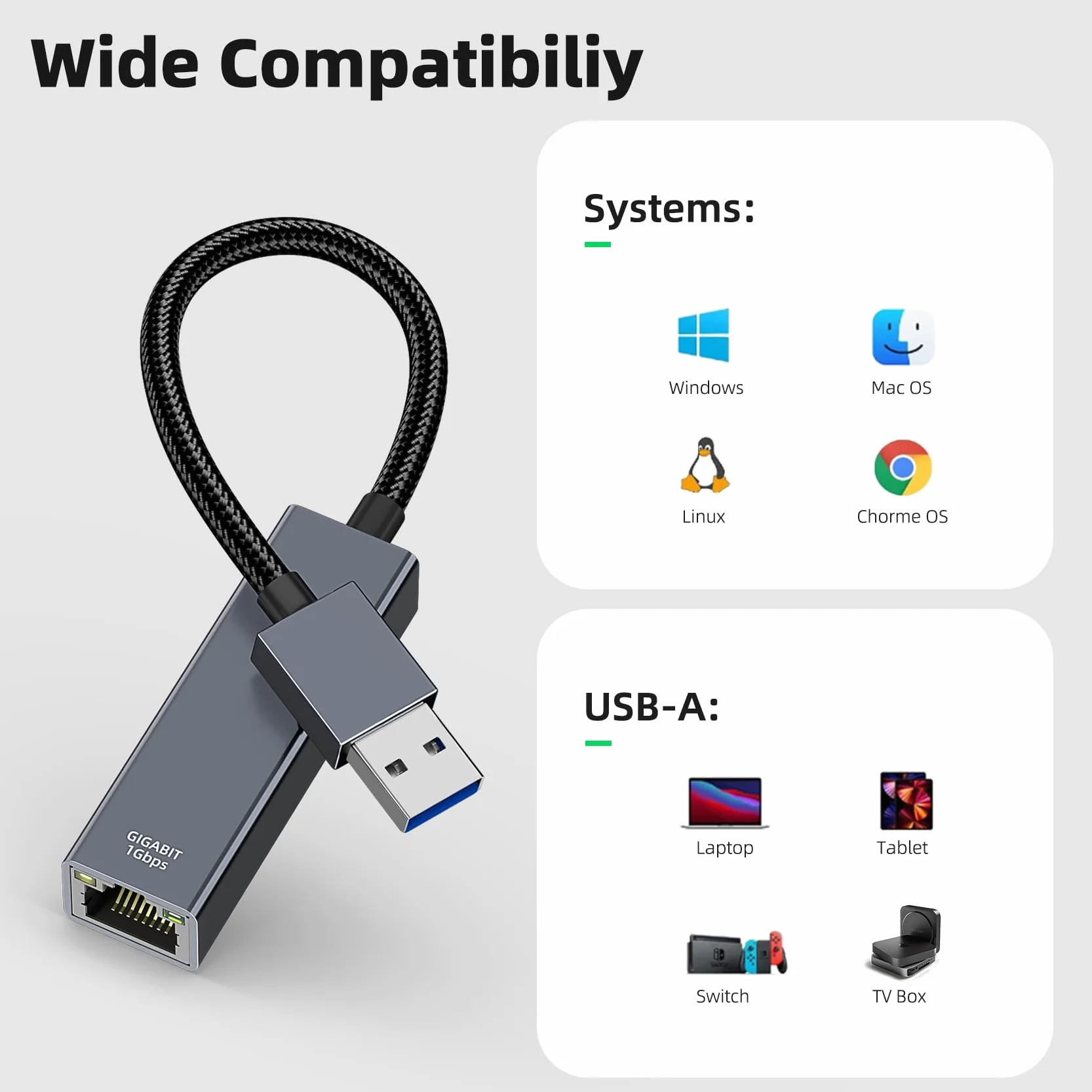 Adaptateur USB 3.0 vers Ethernet RJ45 1000 Mbps en aluminium et nylon pour ordinateur portable MacBook Surface PC