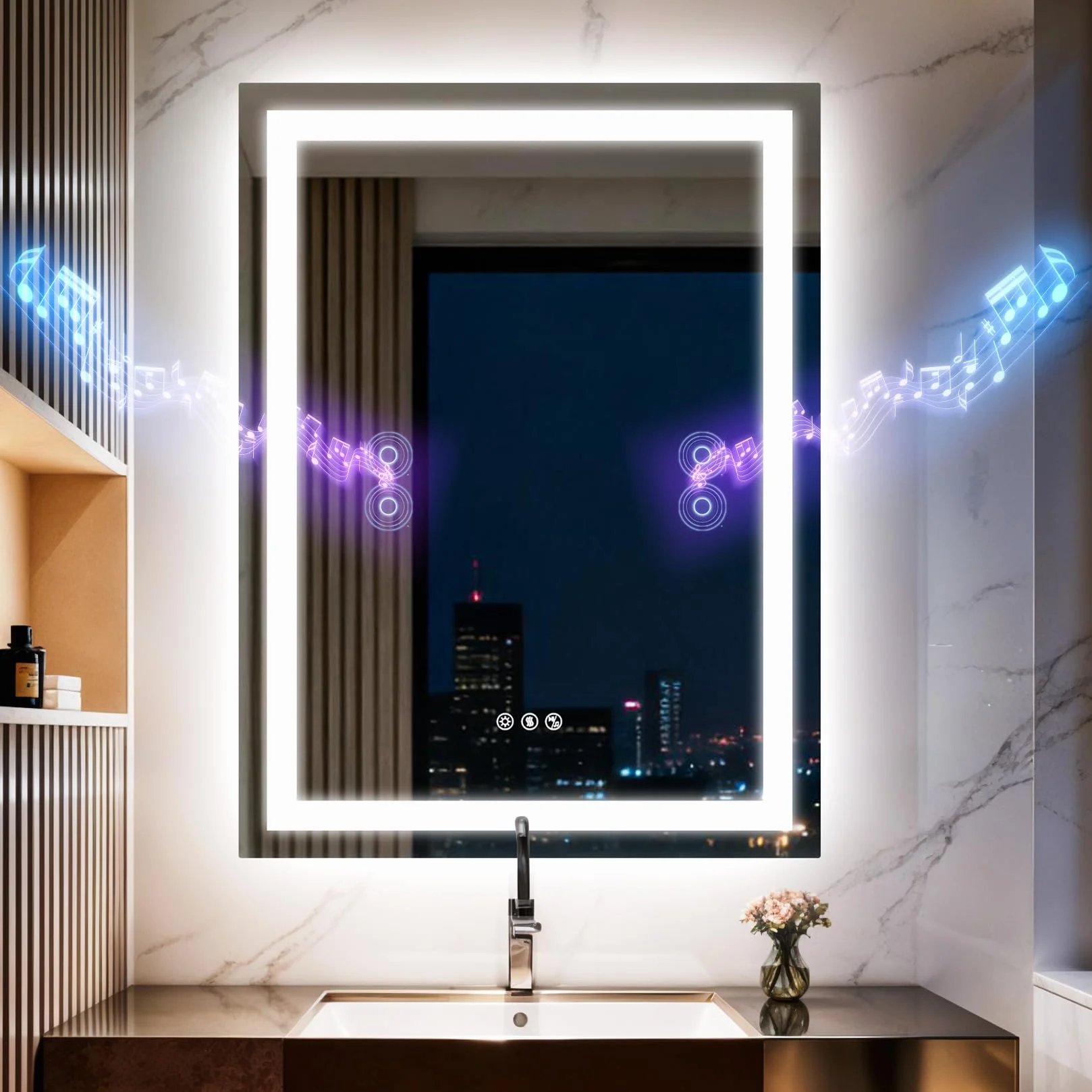 Miroir de Salle de Bain LED avec lumières 60x80cm,Double Haut-Parleur Bluetooth,Anti-buée,3 températures de Couleur,luminosité à intensité Variable,Fonction mémoire,étanche,Support Mural