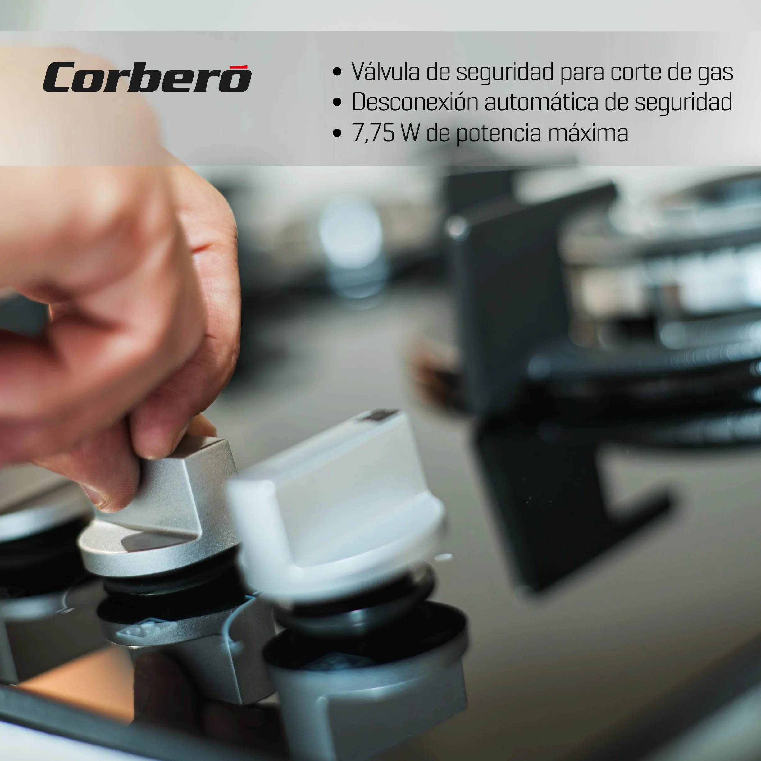 Corberó - Plaque en verre gaz butane CPCGY2303N | Puissance 7 kW | 3 feux | Zone Wok spéciale | Grille en fonte | Valve de sécurité | Arrêt automatique, noir, fonte
