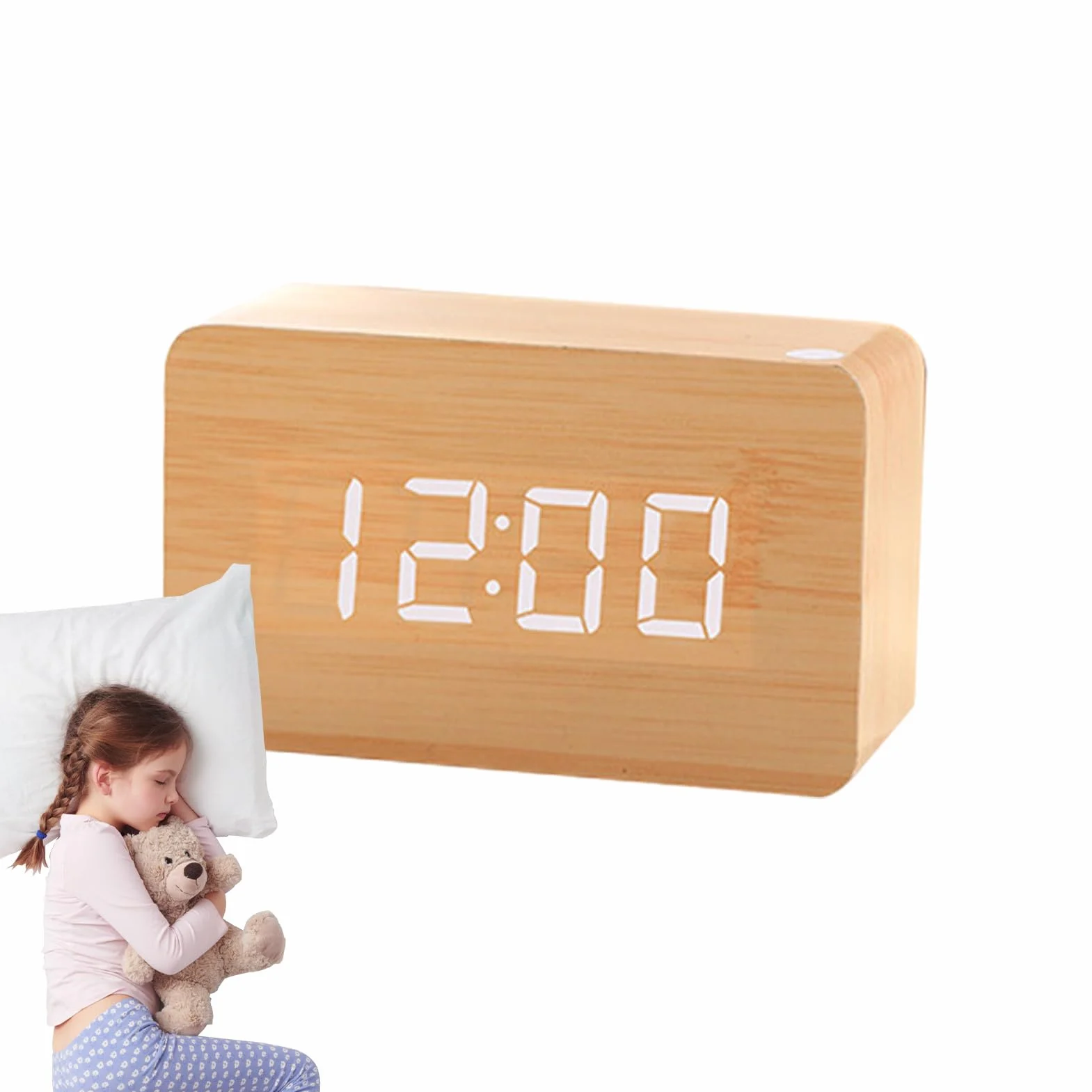 Réveil Numérique en Bois avec LED Intelligente Luminosité Réglable Commande Sonore