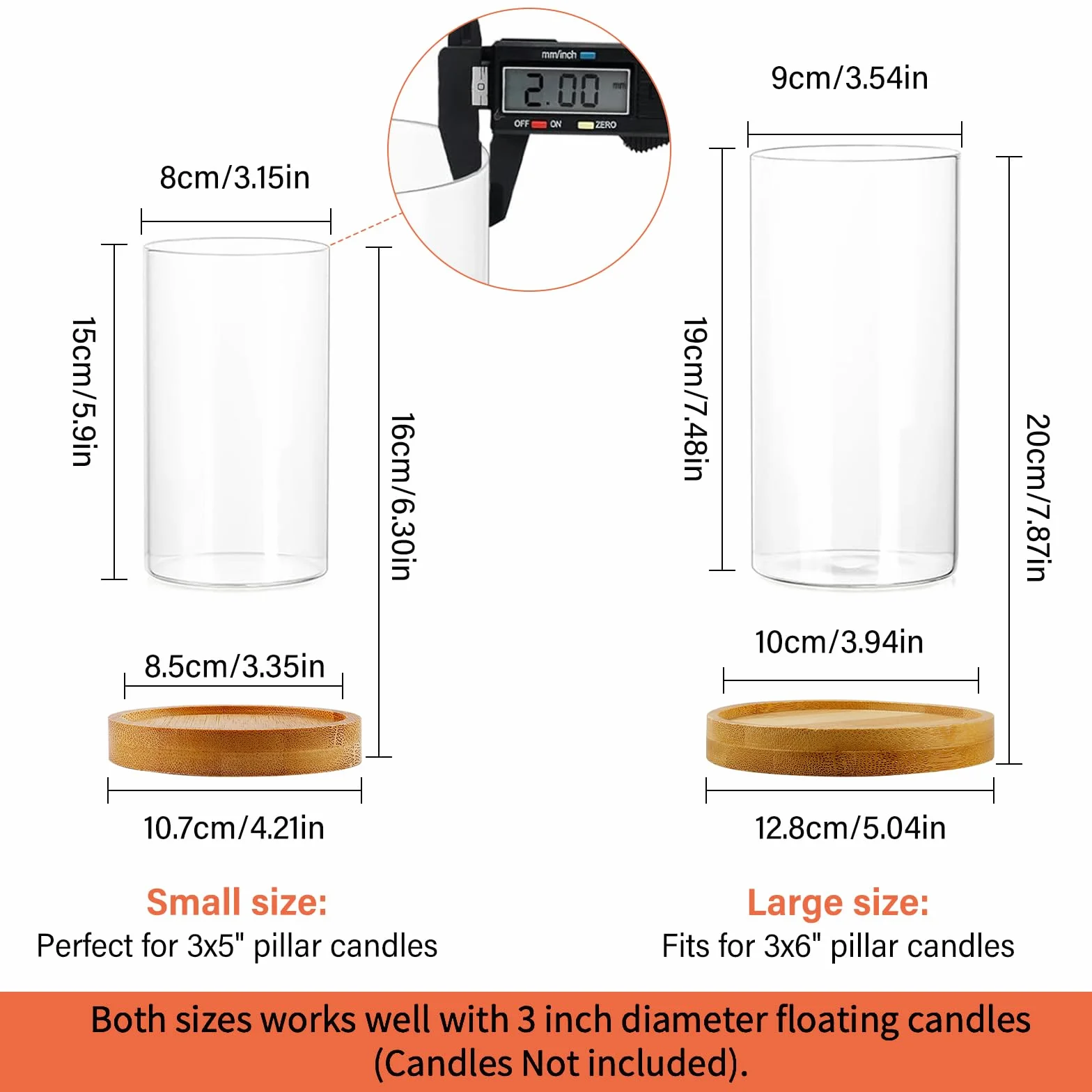 Bougie Vase,2 Pièces Grand Bougeoir en Verre avec Sol,Cylindrique en Verre,Bougeoir Verre Cylindriques pour Bougies,Décoration,Mariage,Transparent(85 * 150mm+95 * 200mm)