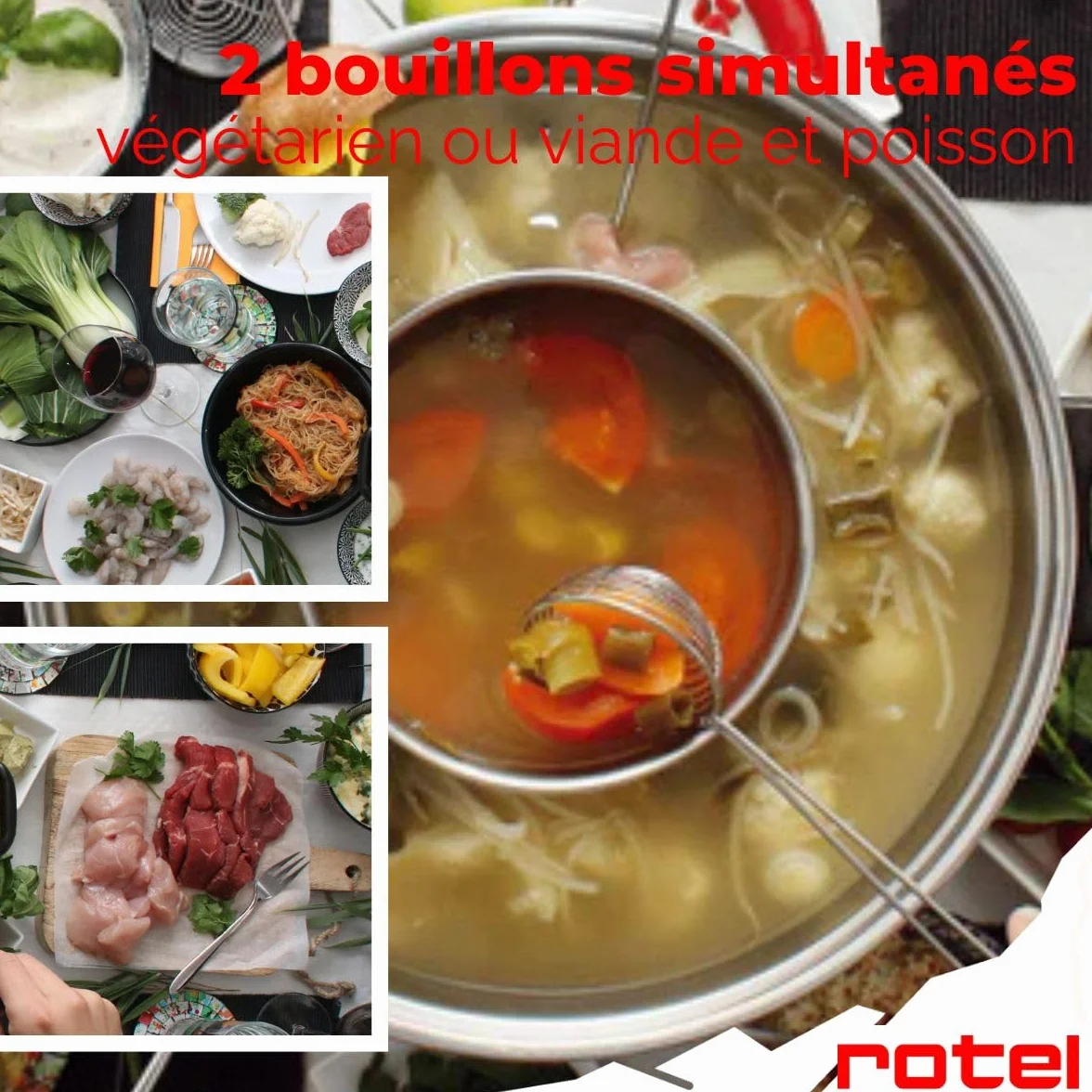 Rotel 1181250 Appareil à fondue chinoise avec fourchettes et épuisettes, appareil à fondue océane, marmite pour fondue chinoise, Acier inoxydable, Verre, Plastique, 39 x 37 x 22,5 cm