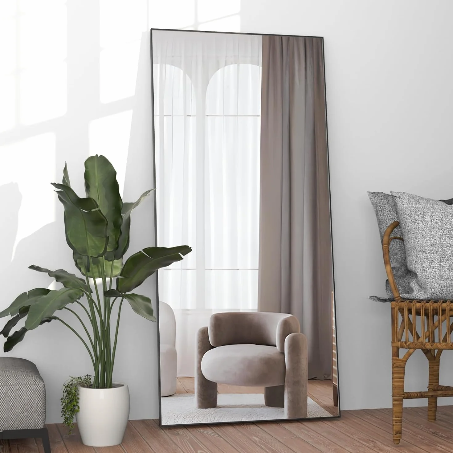 Miroir Pleine Longueur 165 x 60 cm Grand Miroir Rectangulaire Noir pour Chambre à Coucher, Salon, Debout ou Appuyé Contre Le Mur Cadre en Alliage d'aluminium