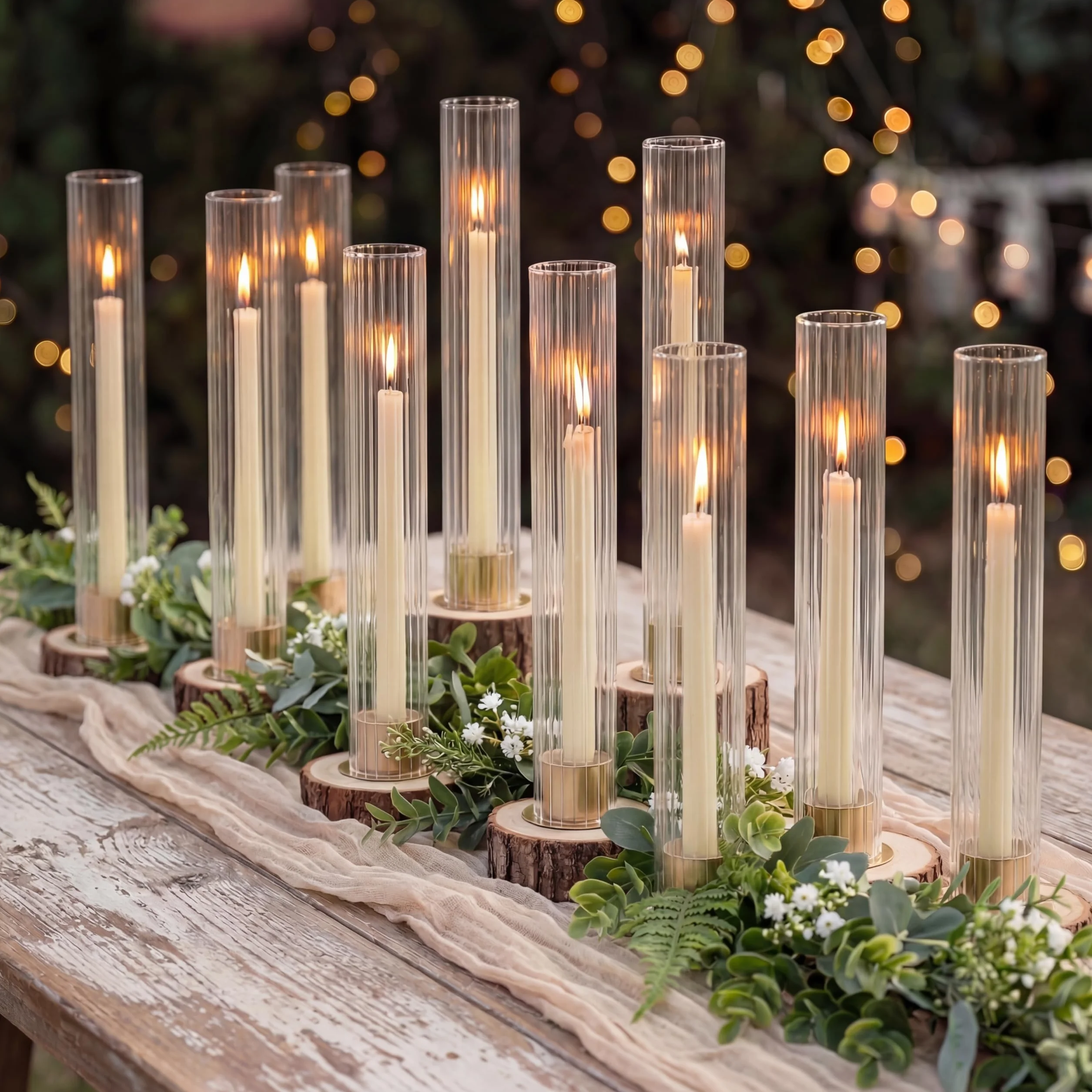 NUPTIO Bougeoir Hurricane pour centre de table : lot de 10 bougeoirs coniques en métal avec cylindres en verre cannelé – Bougeoirs dorés en vrac pour décoration de table de fête en plein air, dîner