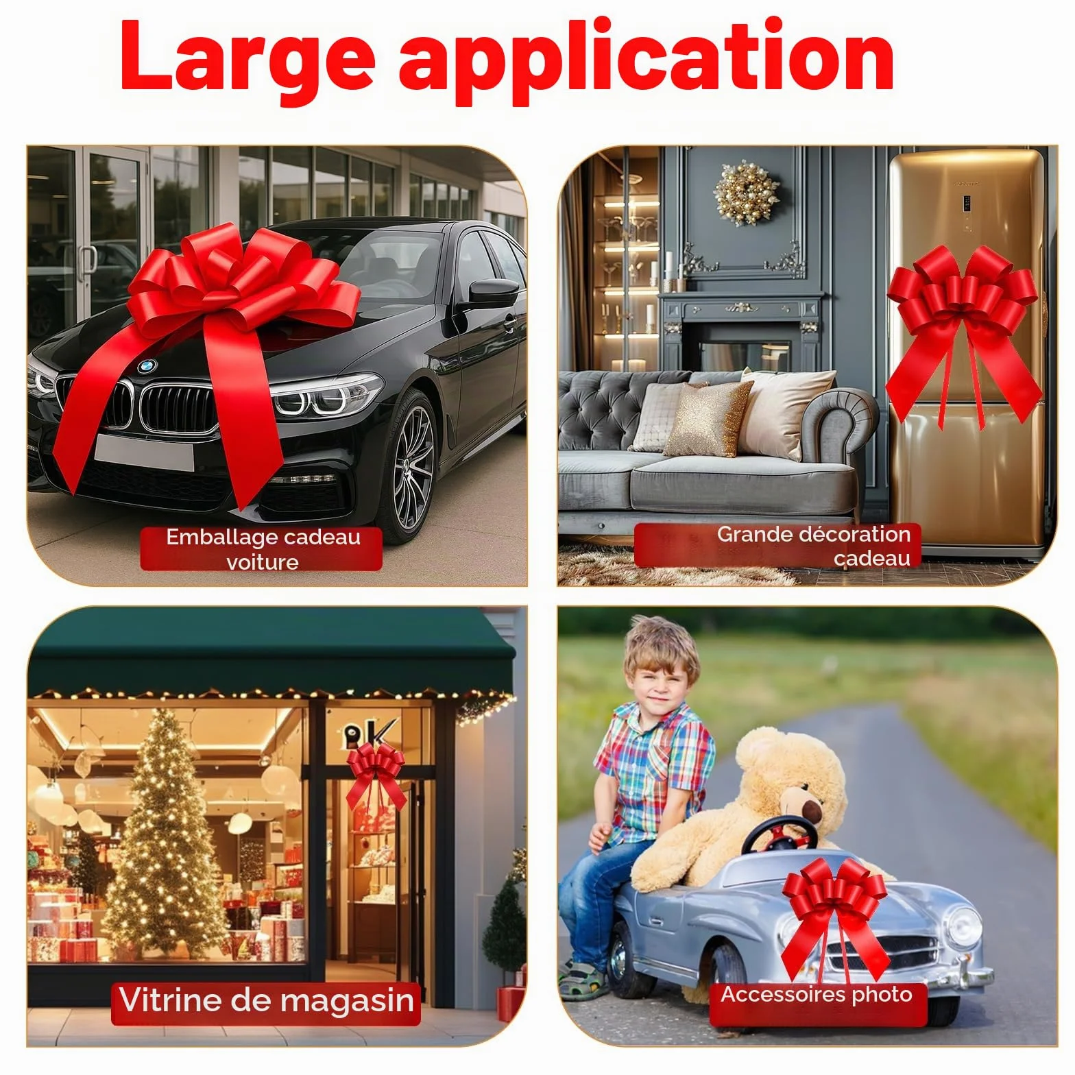 Grand nœud de Voiture Rouge 58 cm avec 2 Ventouses pour Mariage Noël