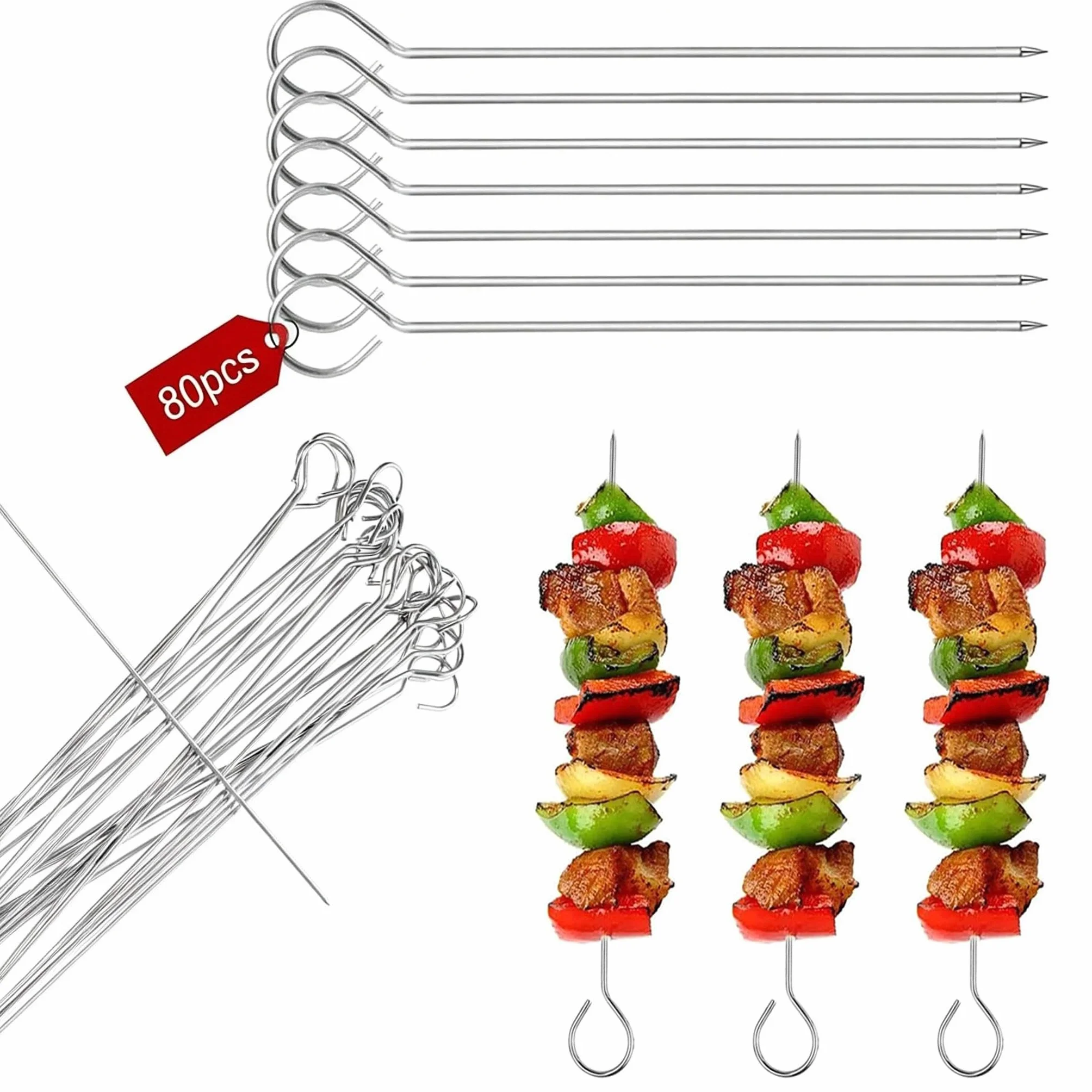 80 Pièces Pique a Brochette Inox 1,8 x 15 cm, Brochettes Barbecue Réutilisables avec Œillets