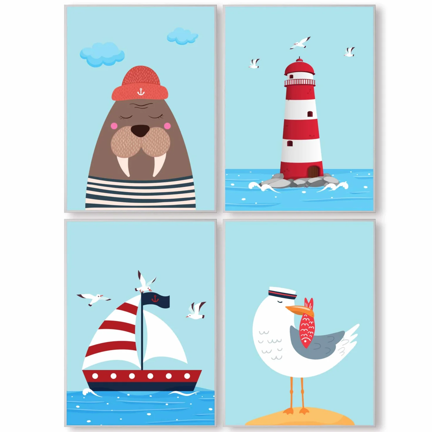 Lot de 4 posters décoratifs pour chambre d'enfant, format DIN A4, motifs voile maritime mouettes