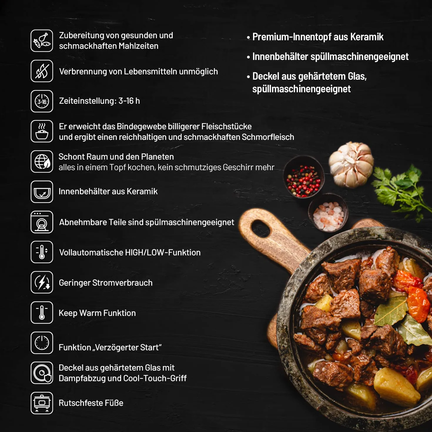 Lauben Mijoteuse 3500SB avec technologie Thermeffect®, technologie SlowHeat®, livre de cuisine, récipient intérieur en céramique, deux niveaux de température, réglage manuel de l'heure, 3,5 l