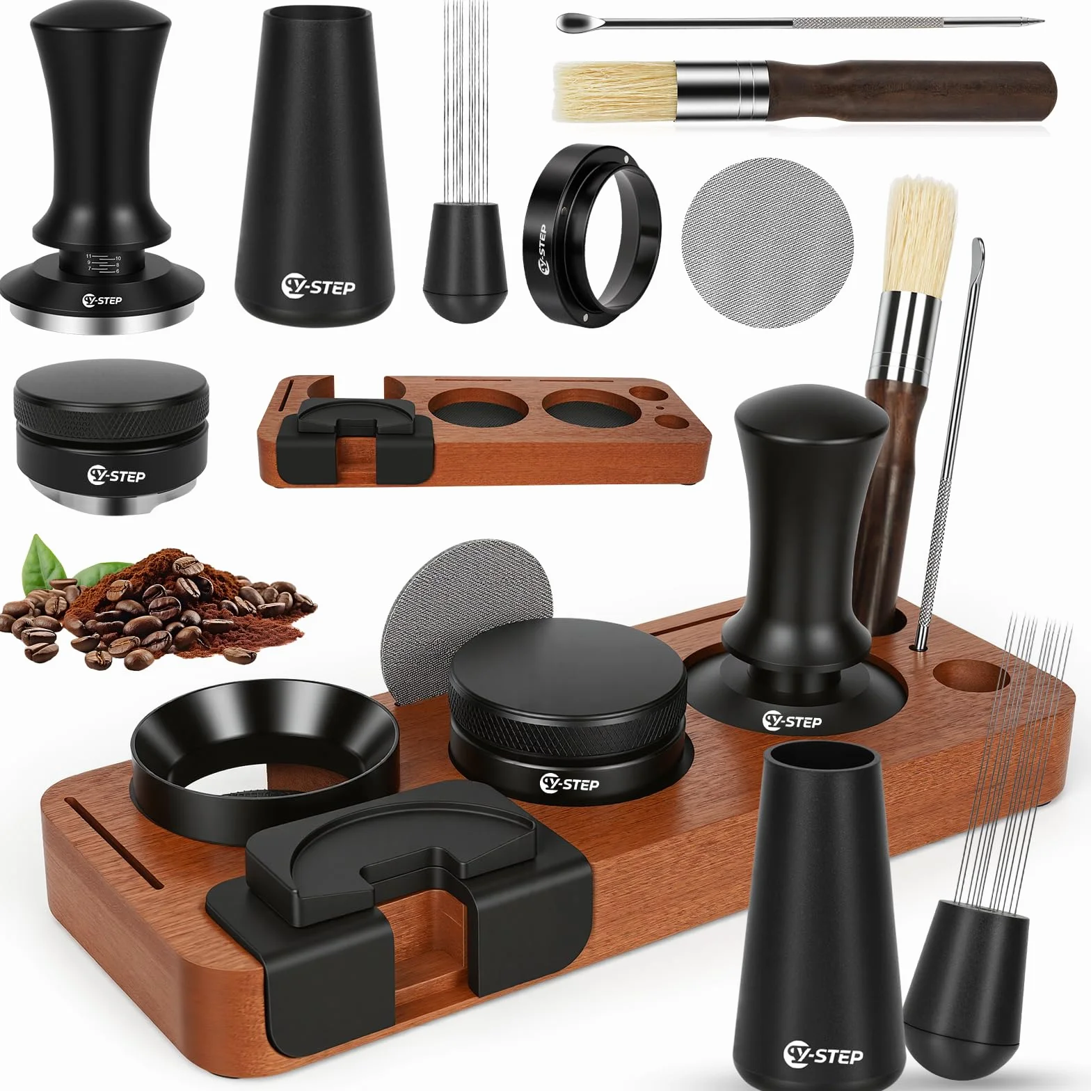 Y-Step Lot de 8 accessoires pour expresso - Tamper à café 51 mm avec station de tamper, Coffee Leveler, outil WDT, bague de dosage, brosse de nettoyage, puck screen, agitateur, pour machine à expresso