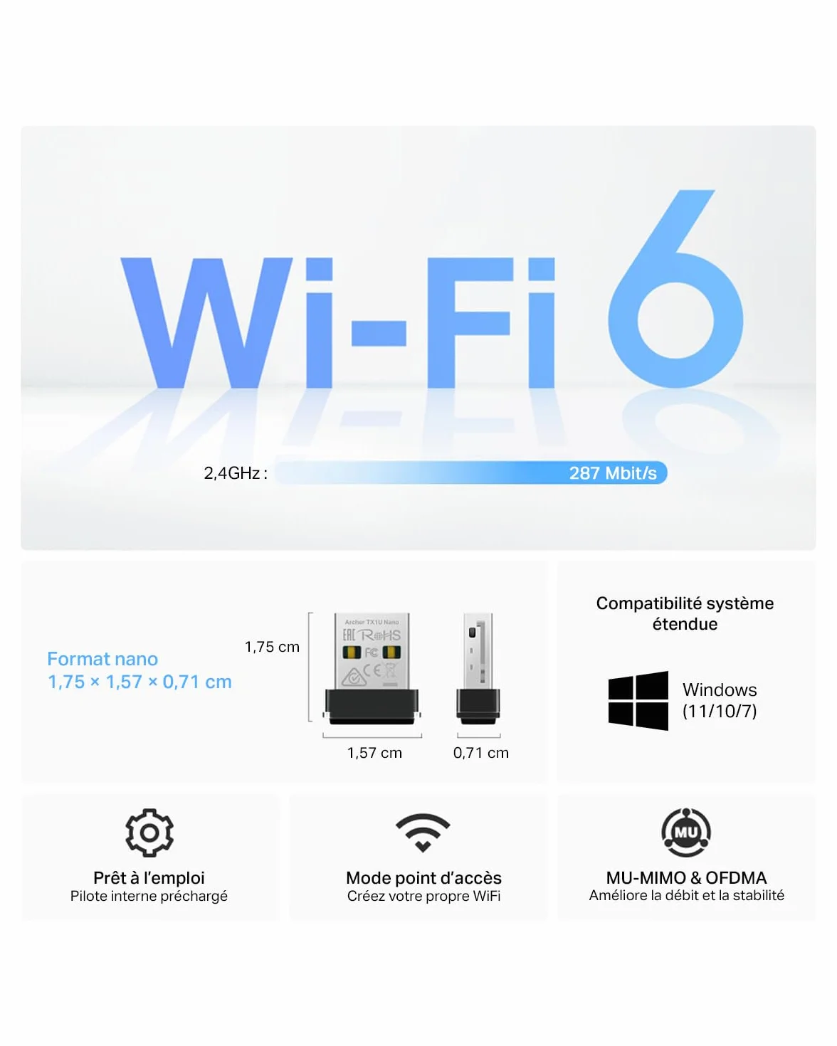 TP-Link Archer TX1U Nano Clé WiFi 6 AX300 USB Adaptateur Double Bande 2,4 GHz MU-MIMO