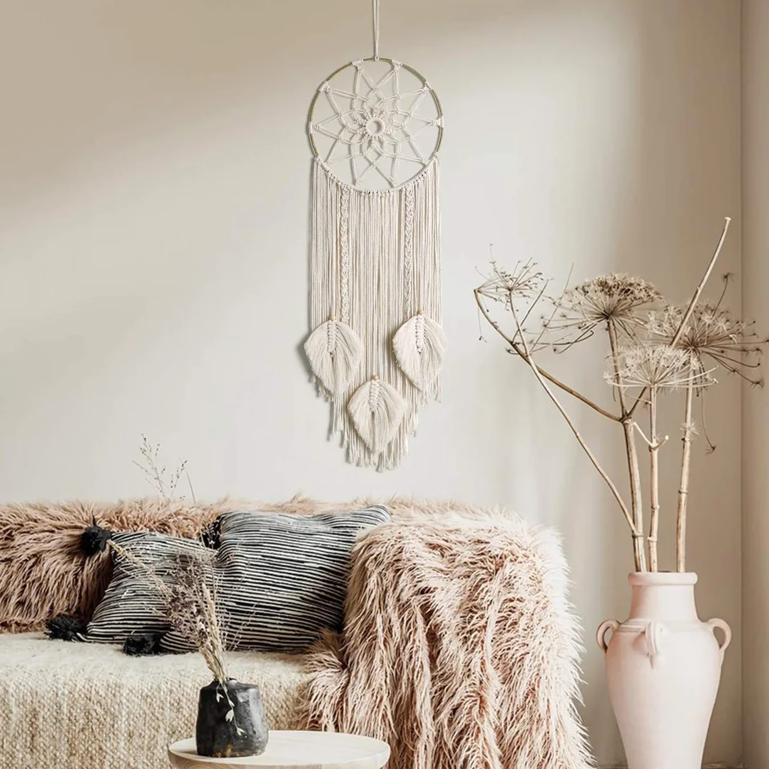 Attrape-rêves en macramé Décoration murale Art mural tissé à la main bohème Cercle métallique Beige