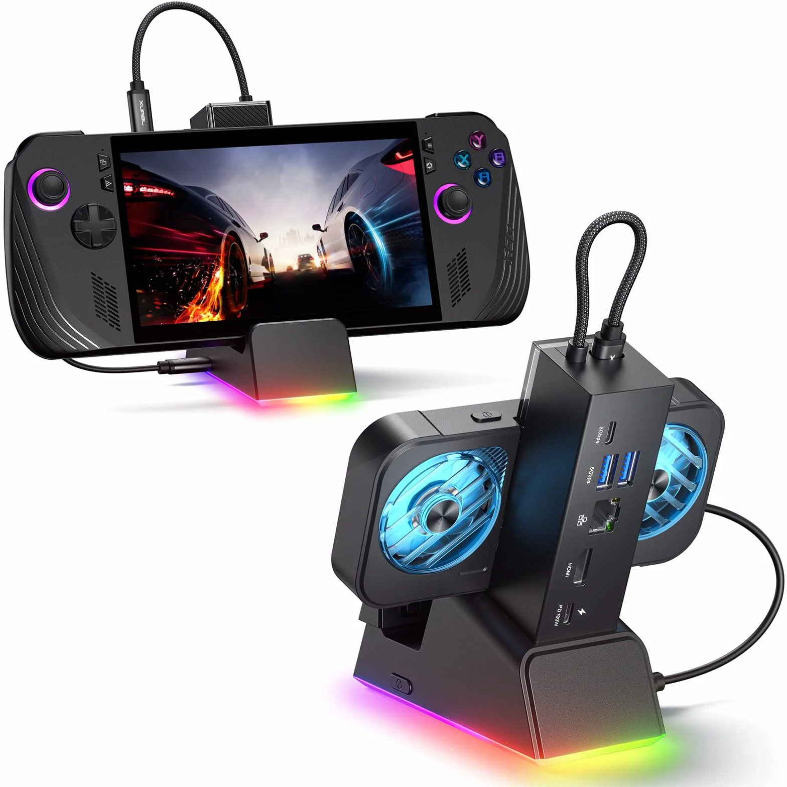 JSAUX Stacja dokująca do ROG Ally X/ROG Ally/Steam Deck/Legion Go, stacja dokująca 7 w 1 do ROG Ally X z wentylatorem chłodzącym RGB, HDMI 4K@120Hz, Gigabit Ethernet, Dual USB i USB C 3.0, ładowanie