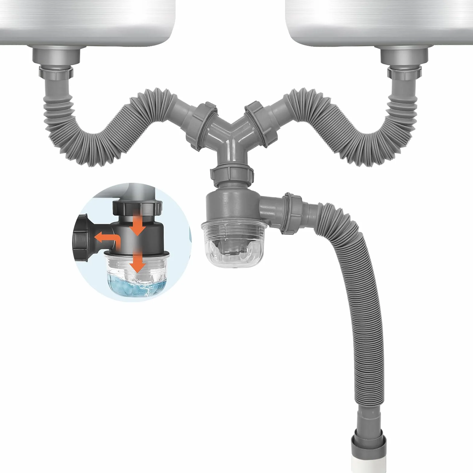 Kit de vidange double évier 1½" siphon P extensible coupelle anti-odeurs visible amovible lavable cuisine salle de bain