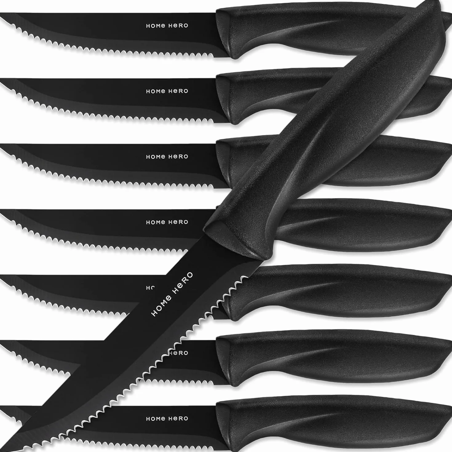 Couteaux à Steak Acier Inoxydable Lame Dentelée 21 cm Lot de 8 Noir - Couteaux de Table Viande