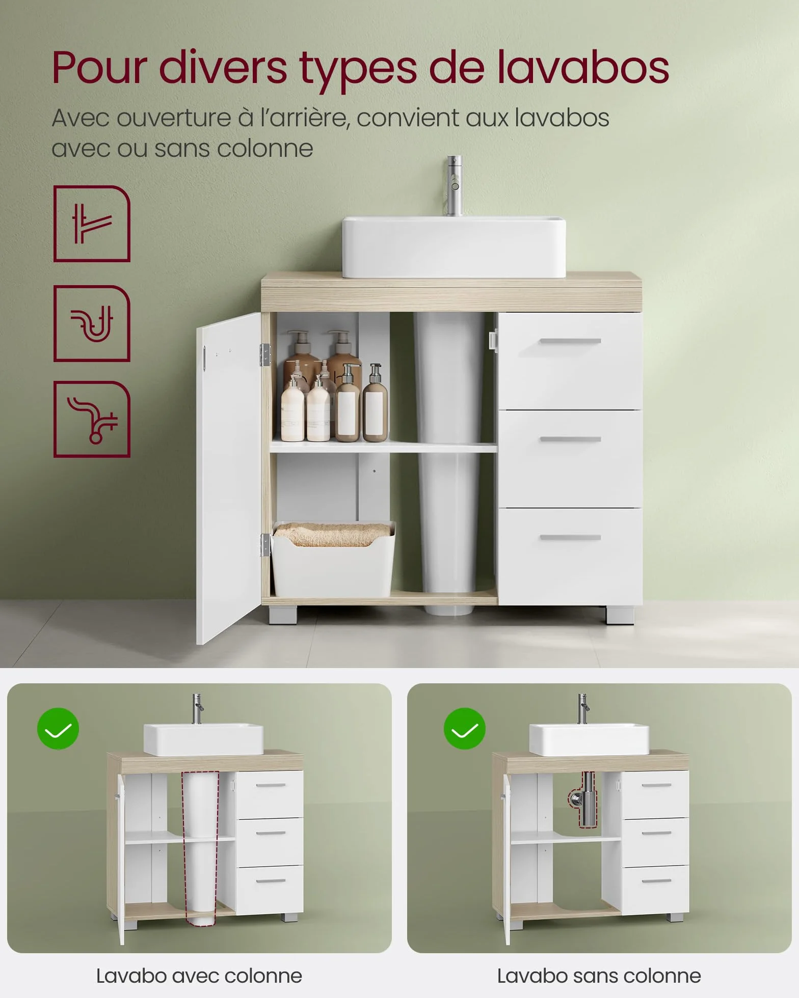 VASAGLE Meuble sous lavabo, Meuble de Salle de Bain, 3 Tiroirs Latéraux, 2 Cases derrière la Porte, pour Lavabos sur Colonne, avec Pieds, 30 x 70 x 64 cm, Blanc Nuage et Beige Naturel BBK504K01