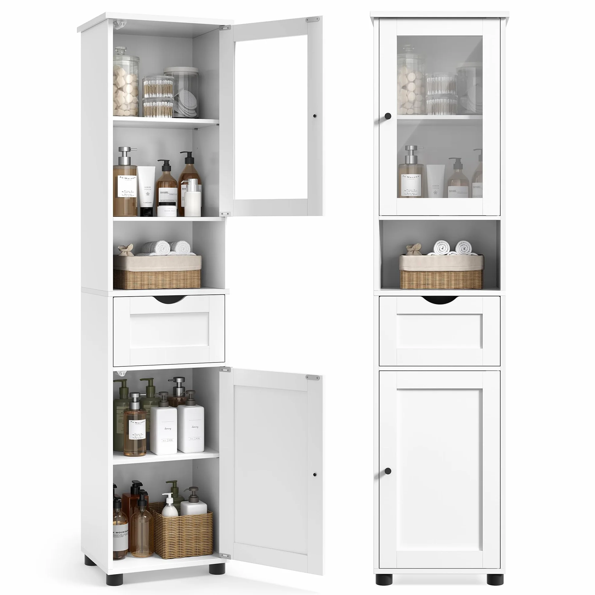 VASAGLE Meuble Salle de Bain, Colonne, Rangement avec Étagères Réglables, Placards à Porte, Tiroir, Compartiment, Gain de Place, Blanc Nuage BBK163W01