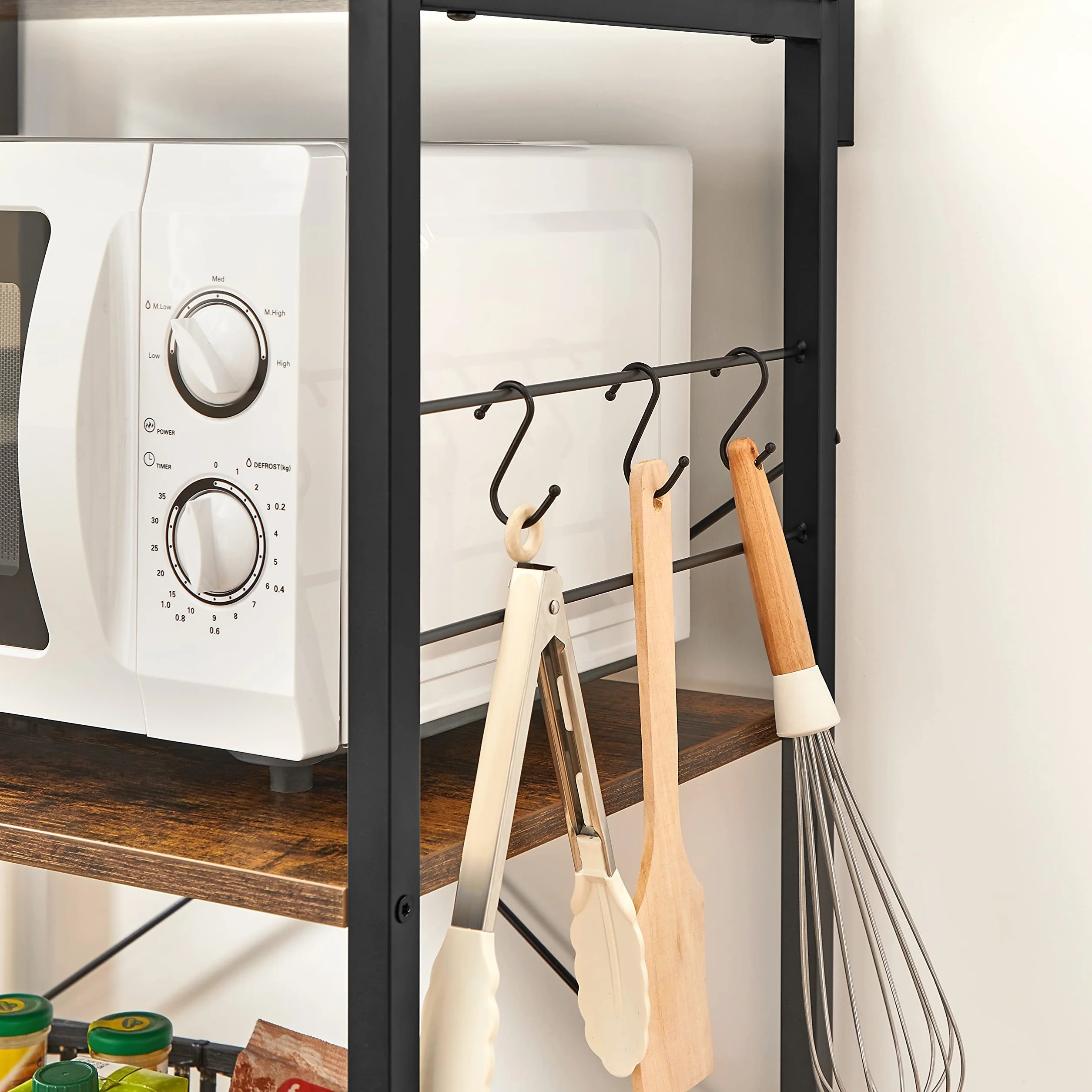 VASAGLE Organisateur de Cuisine, étagère à 3 Niveaux, 6 Crochets en S, pour Micro-Ondes, Grille-Pain, Pots à épices, casseroles, casseroles, industriels, Marron Rustique et Noir KKS023B01