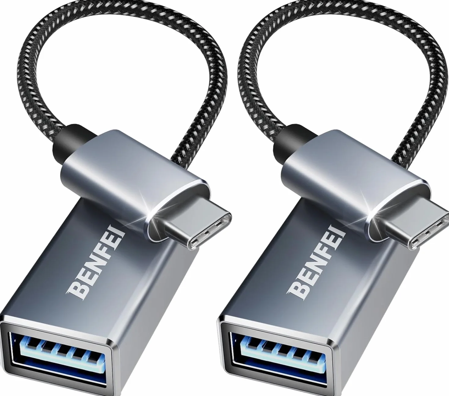BENFEI Adaptateur USB C vers USB 3.0 Pack de 2, Type-C vers USB, Aluminium, Nylon, Compatible iPhone 16/15 MacBook Samsung Galaxy S8/S9, Gris