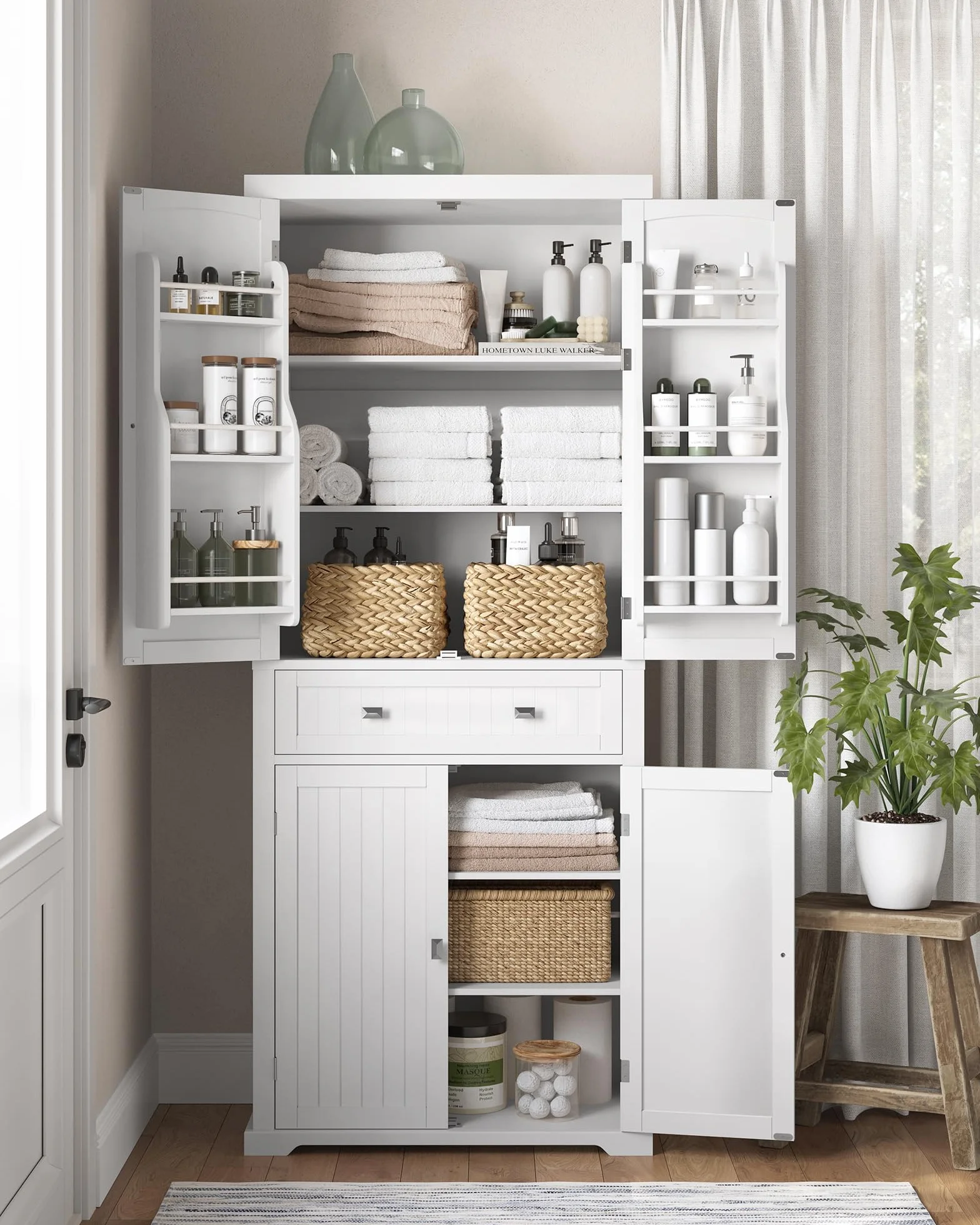 VASAGLE Buffet Haut Cuisine, Meuble de Rangement, Armoire, Vaisselier, Hauteur 182,1 cm, avec Tiroir, Placards, Étagères Réglables, pour Salon, Cuisine, Blanc BBC561W21