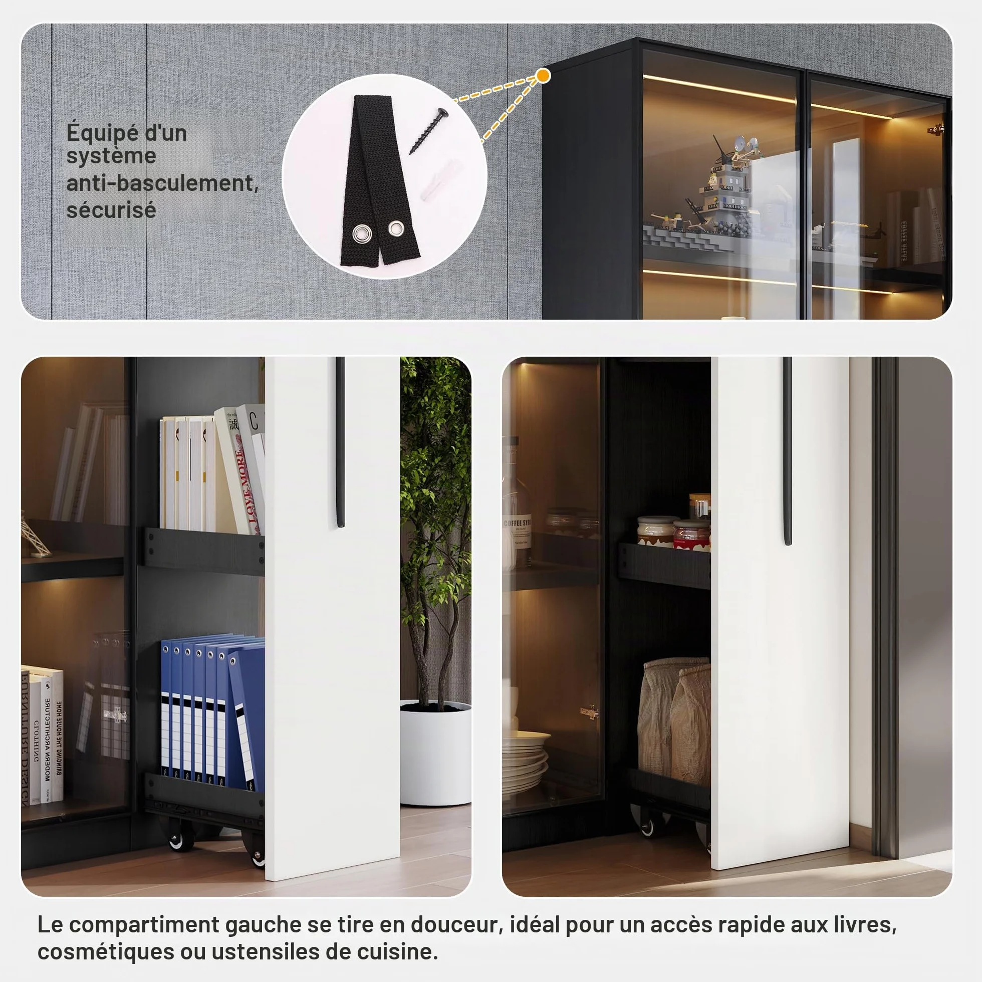 Merax Armoire multifonction 110,5 × 35 × 160 cm, vitrine avec LED, extension latérale, armoire à roulettes, bibliothèque, armoire de salle de bain, pour salon, bureau, salle à manger, noir et blanc